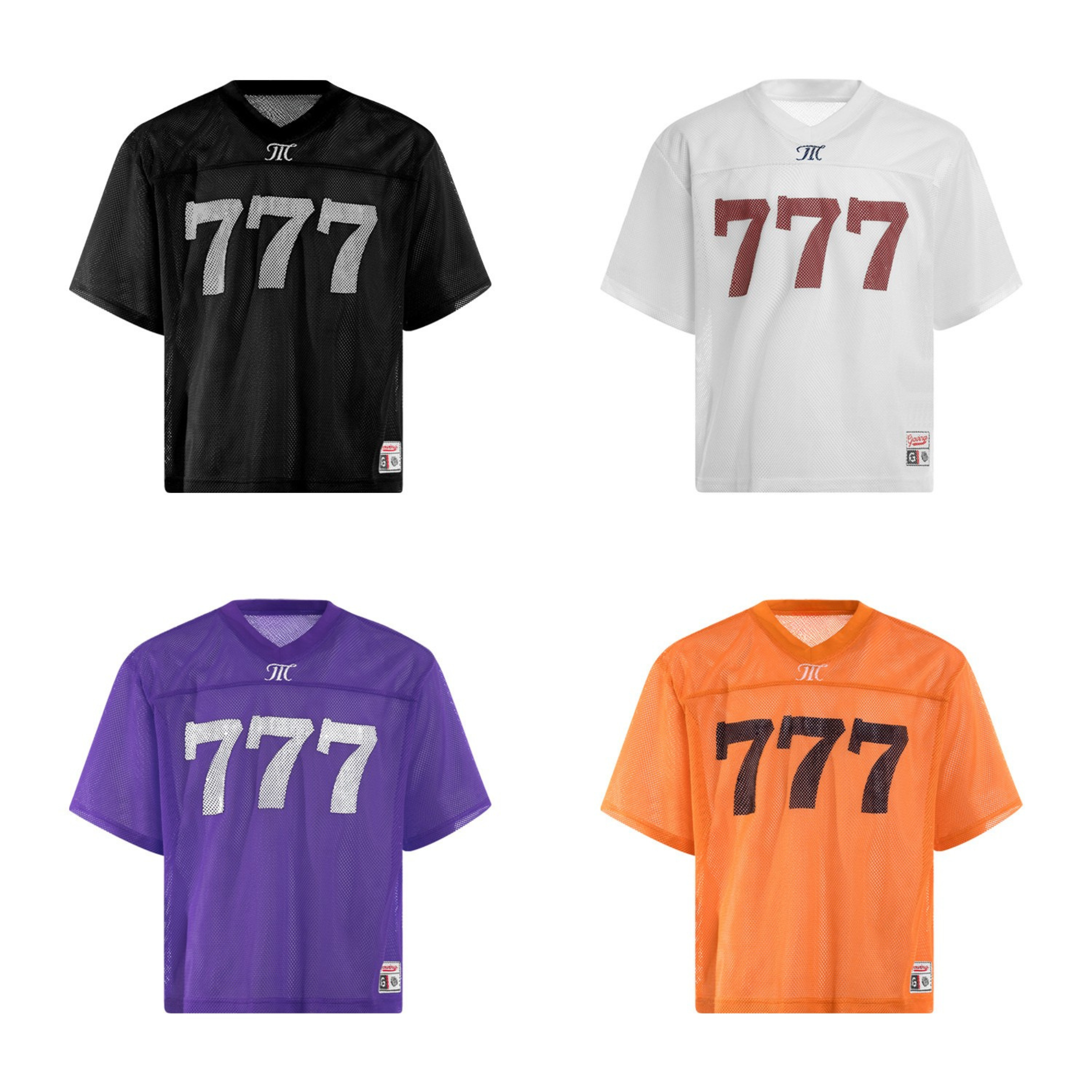 Black mesh football jersey with white 777 varsity number print and contrast v-neckline, front view