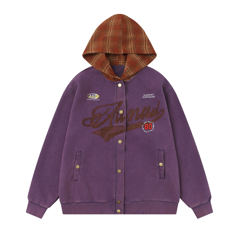 Purple hooded varsity jacket with brown plaid hood and chenille chest patches, front view