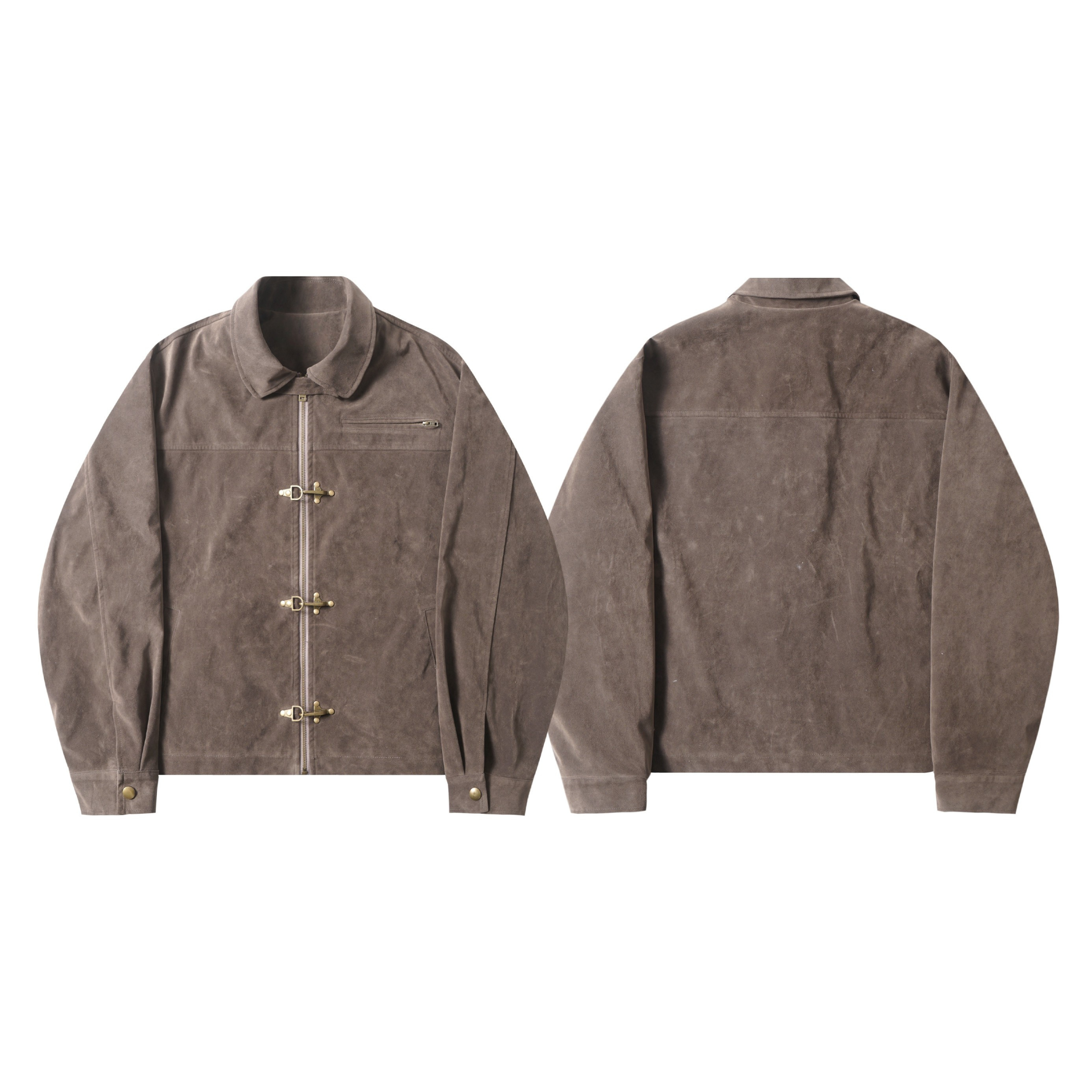 Front and back view of a washed brown vintage toggle zip jacket with brass buckle closures and a turn-down collar