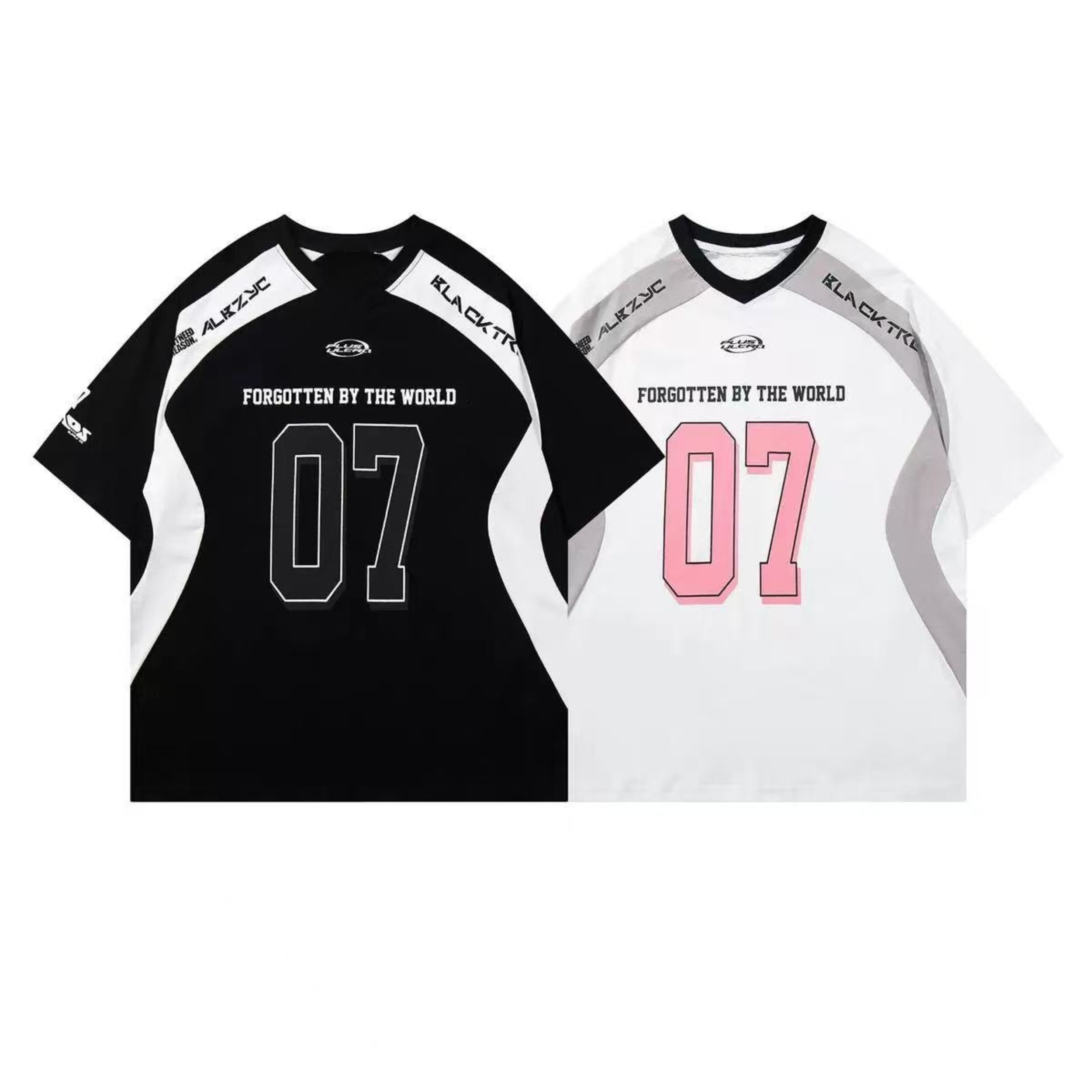 Black oversized athletic tee with contrast white raglan panels, Forgotten By The World slogan and large 07 number print on ch