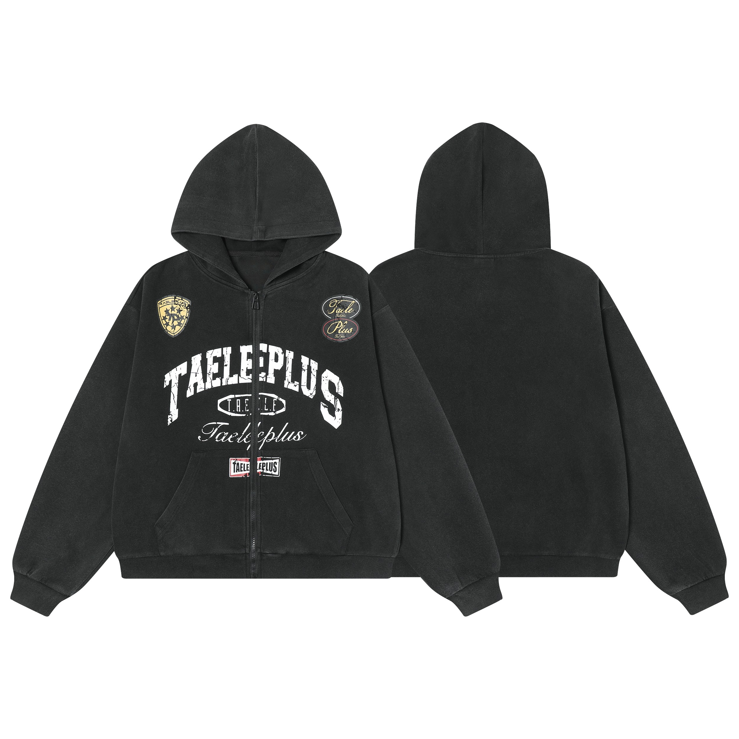 Front and back view of a washed charcoal zip-up hoodie with distressed varsity graphic and embroidered badge patches