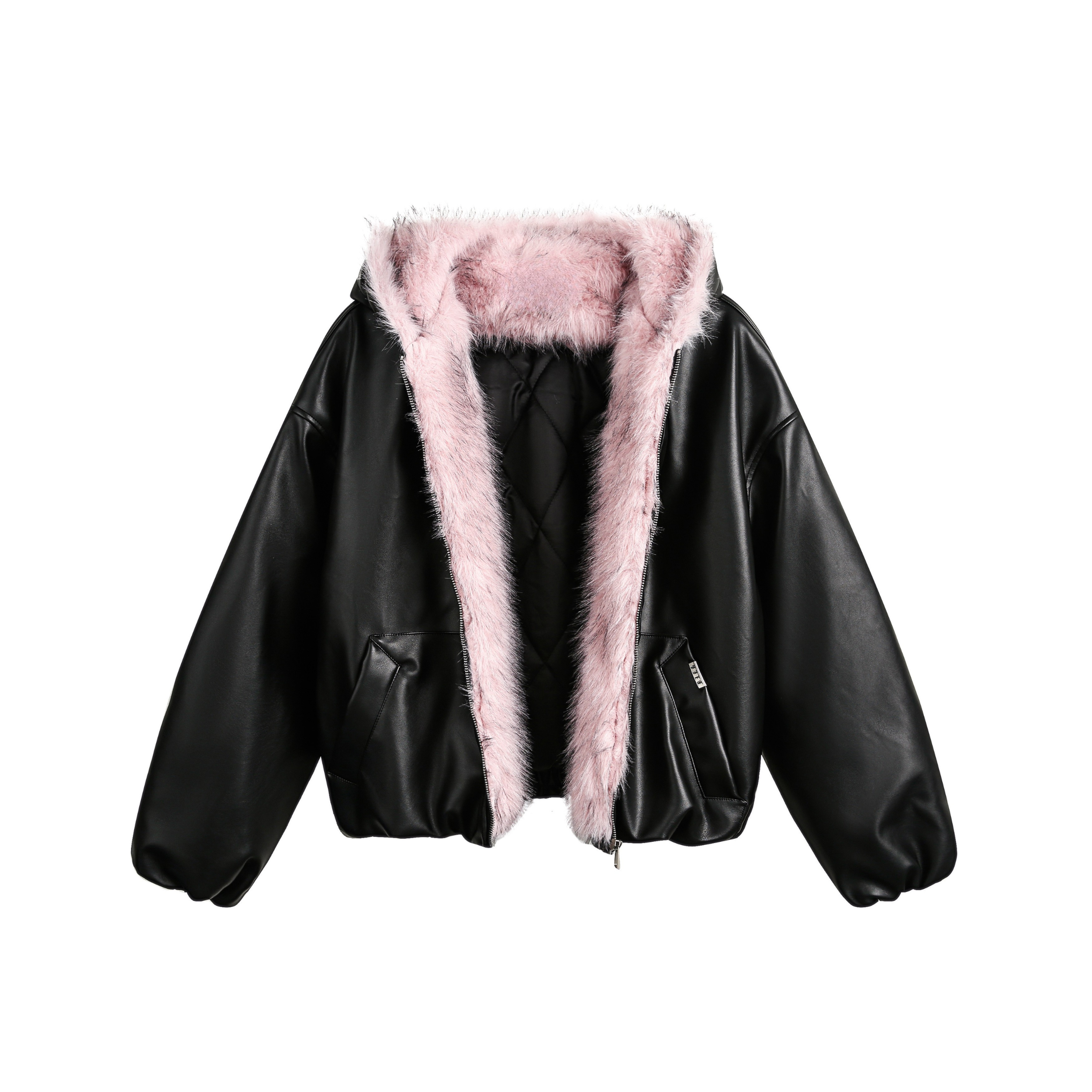 Black PU leather bomber jacket open-front view with pink faux fur hood lining and quilted interior