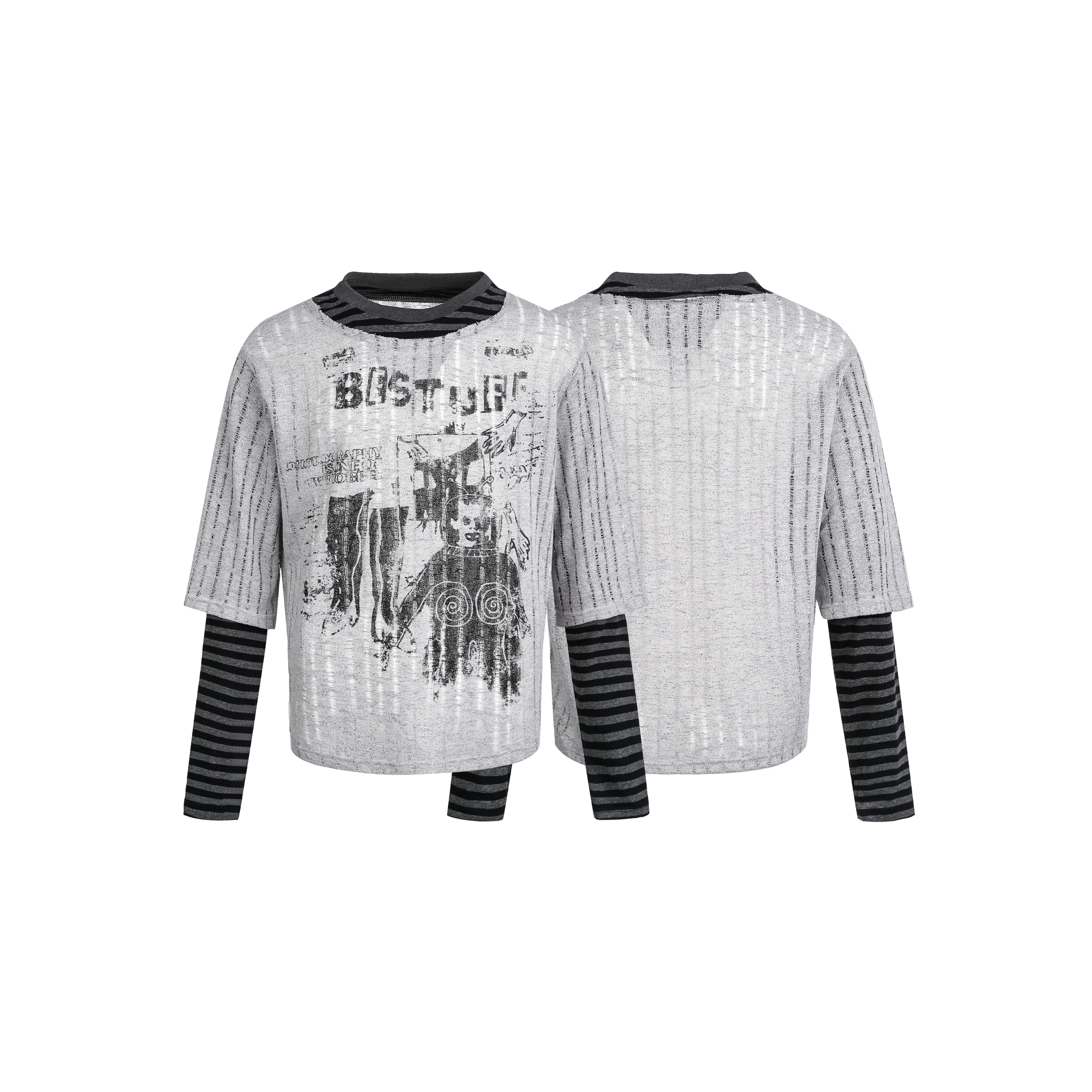 Front and back view of a grey grunge graphic sweater with built-in black striped long sleeves and layered collar detail