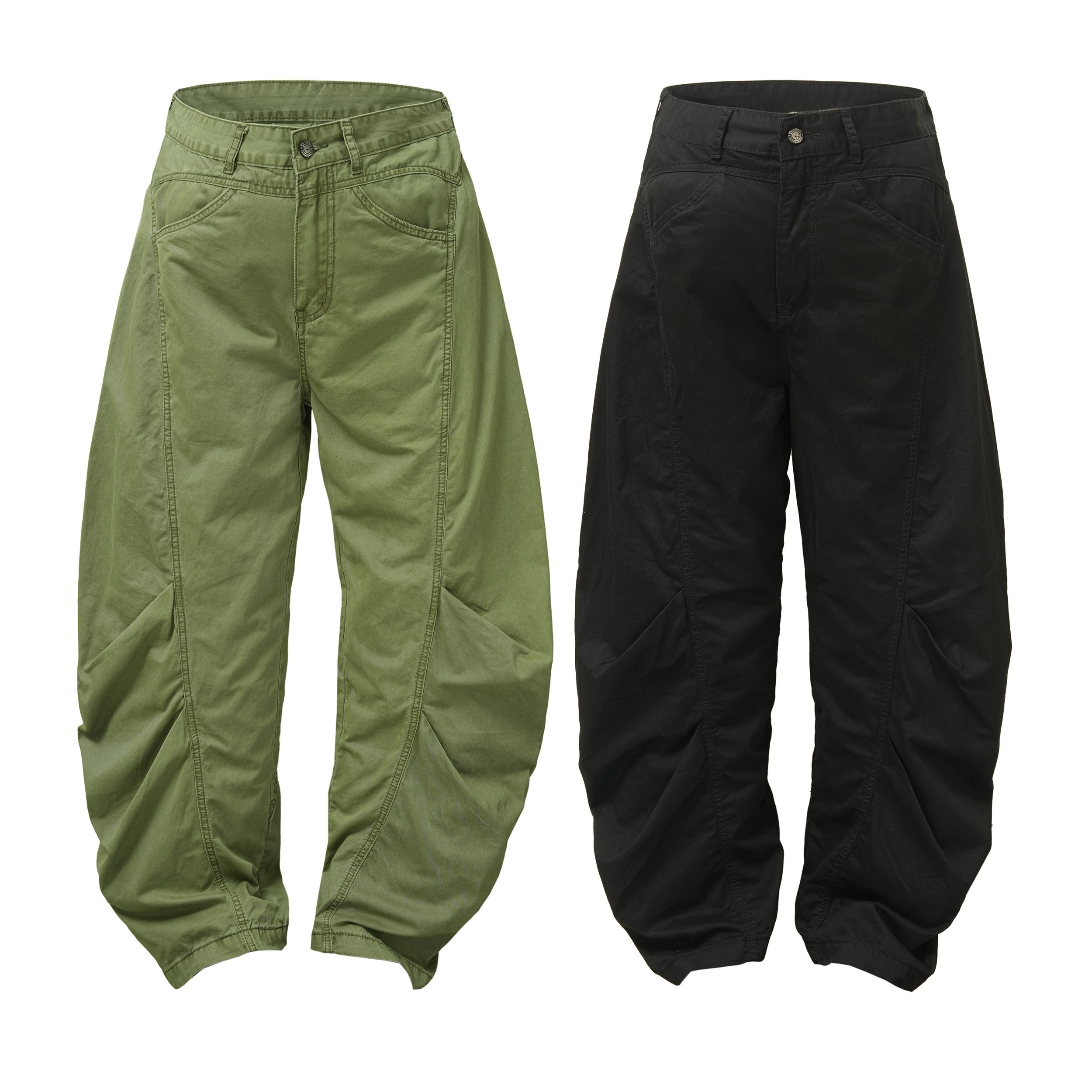 Omirad balloon fit utility cotton pants in olive green and black, shown flat with curved seam panel construction