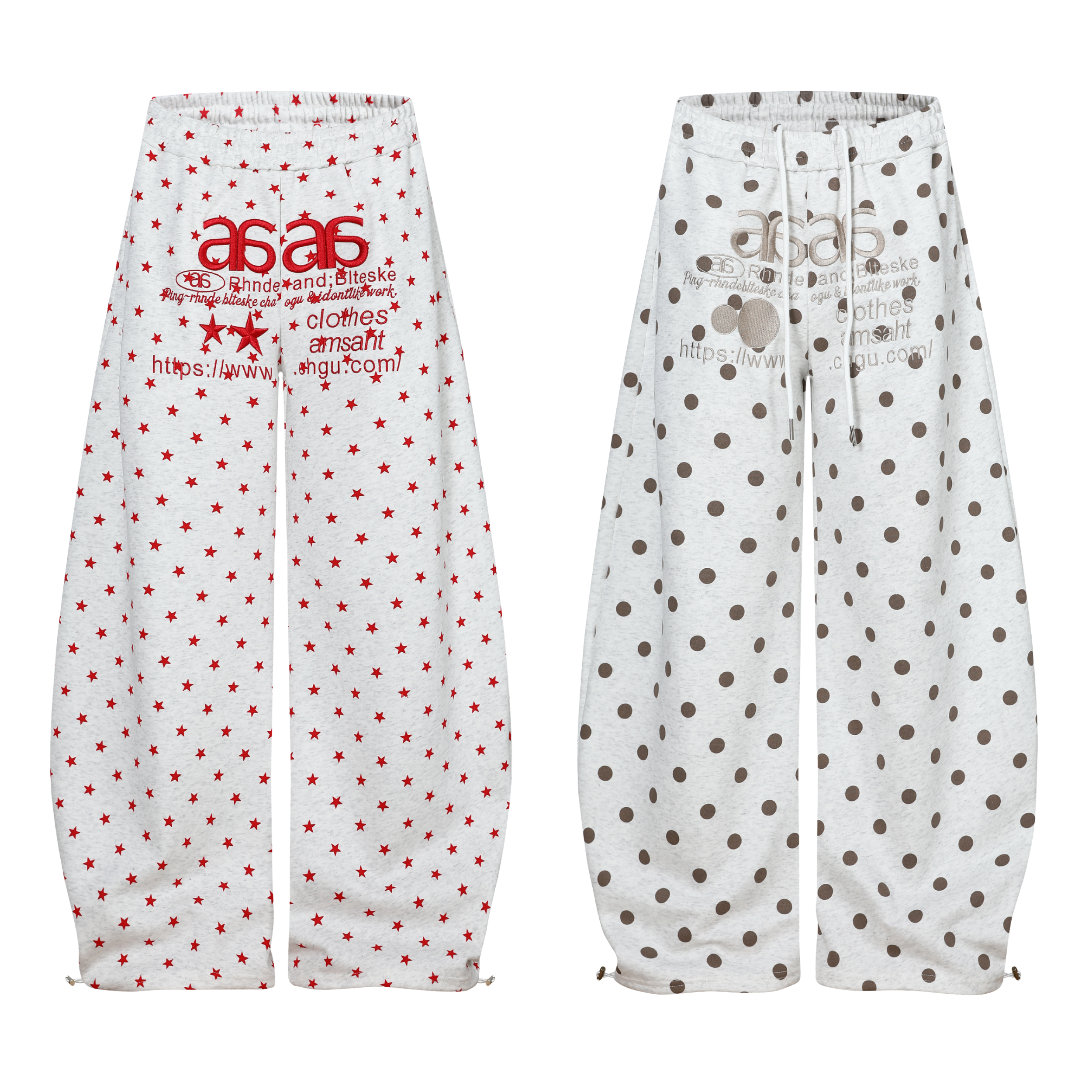 Heathered grey wide-leg sweatpants with all-over red star print and bold red embroidered front graphic lettering