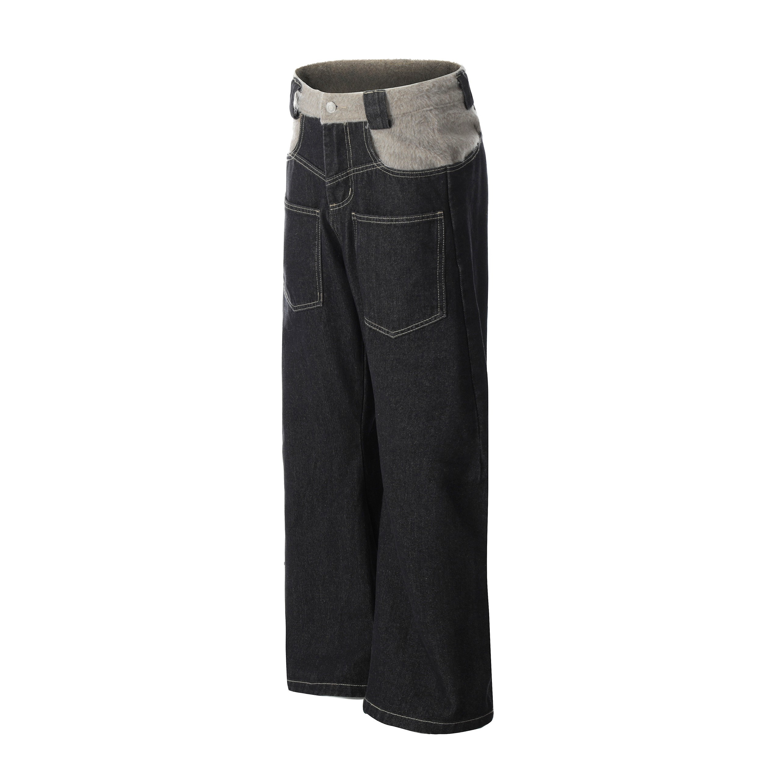 Fleece-Waist Wide-Leg Denim Pants | Dark Wash Street Style