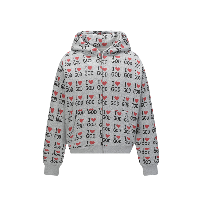 Gray zip hoodie with all-over I Love God print, front view