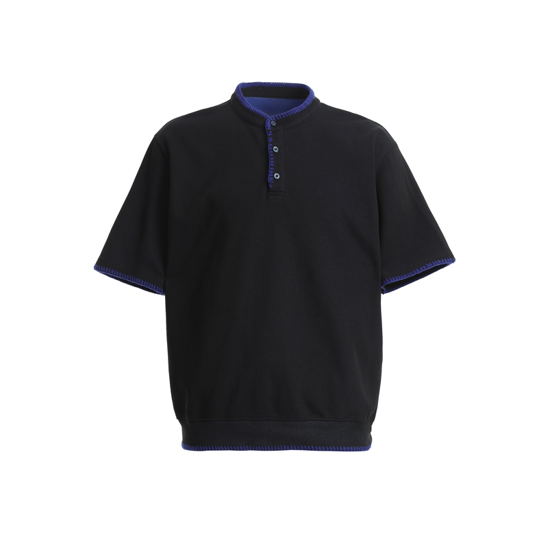 Black short-sleeve Henley tee with blue contrast stitching and relaxed fit on a clean white background