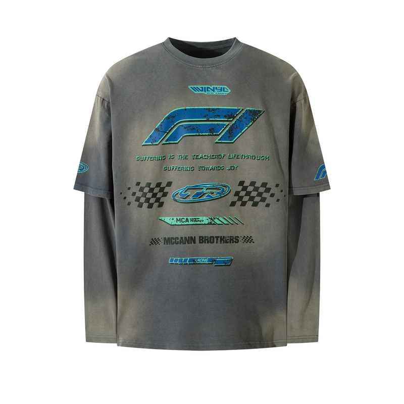 Gray layered tee with blue racing graphics on the front