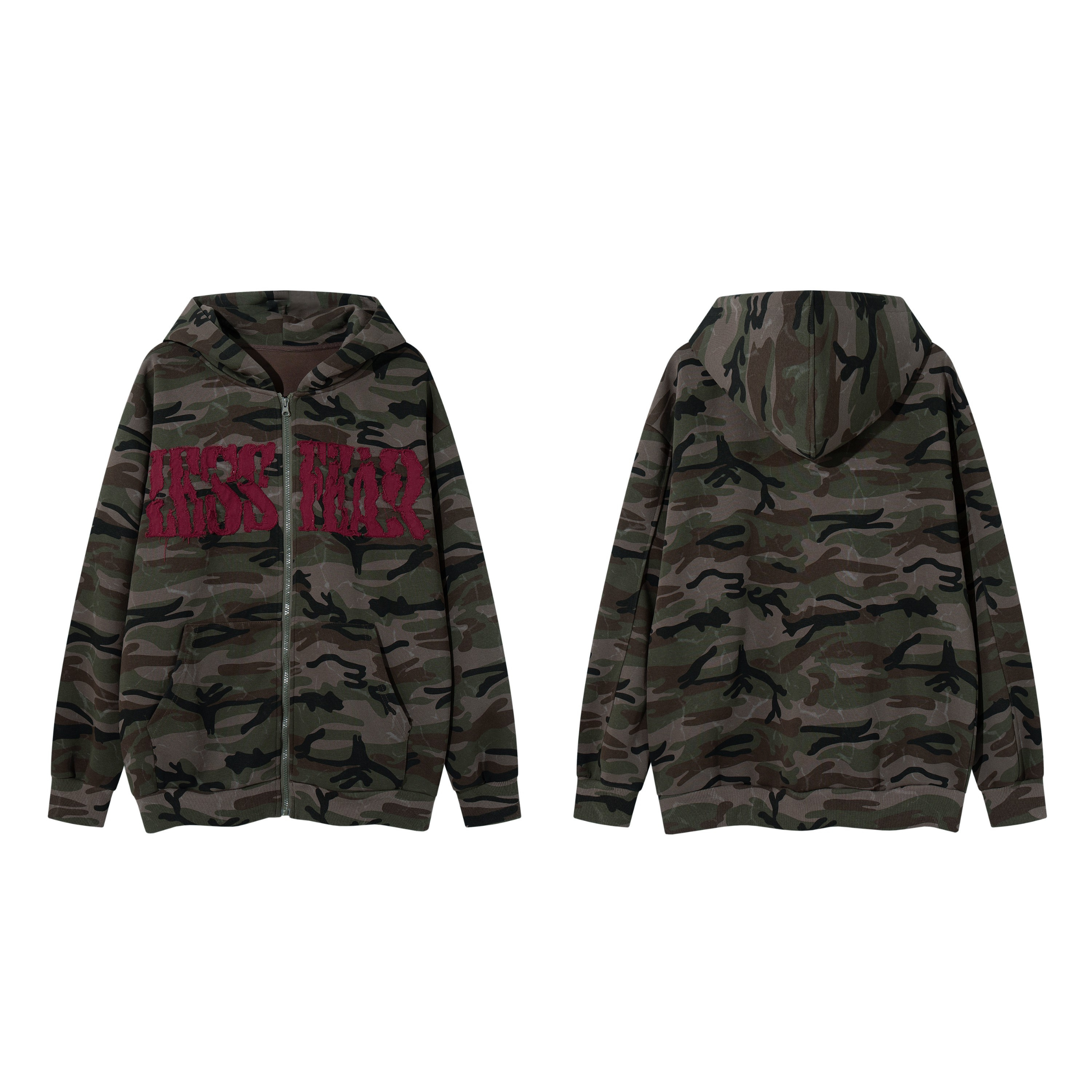 Front view of Omirad camo zip-up hoodie with burgundy chenille varsity text on chest, dark woodland camouflage print