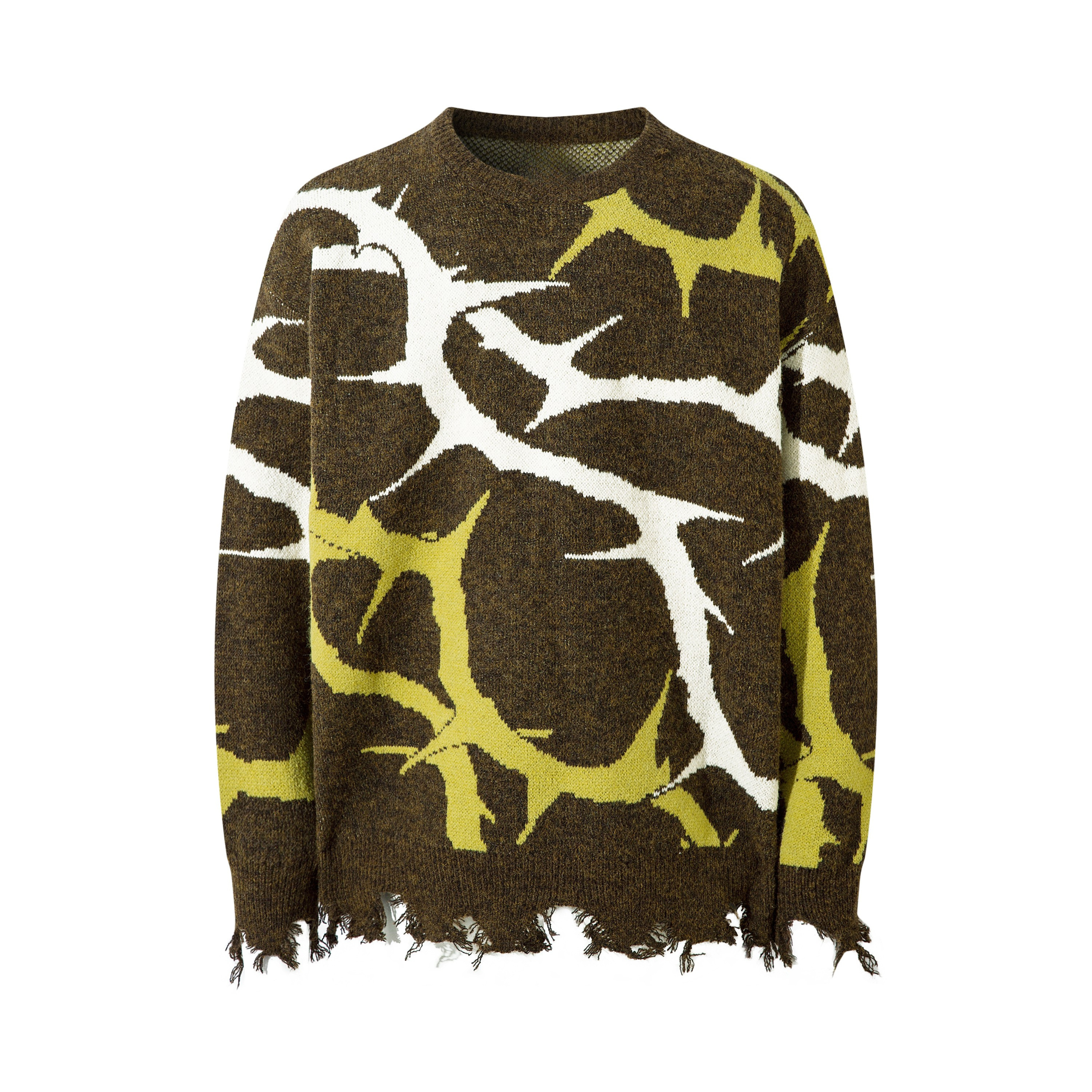 Abstract Camo Distressed Knit Sweater | Oversized Crew Neck