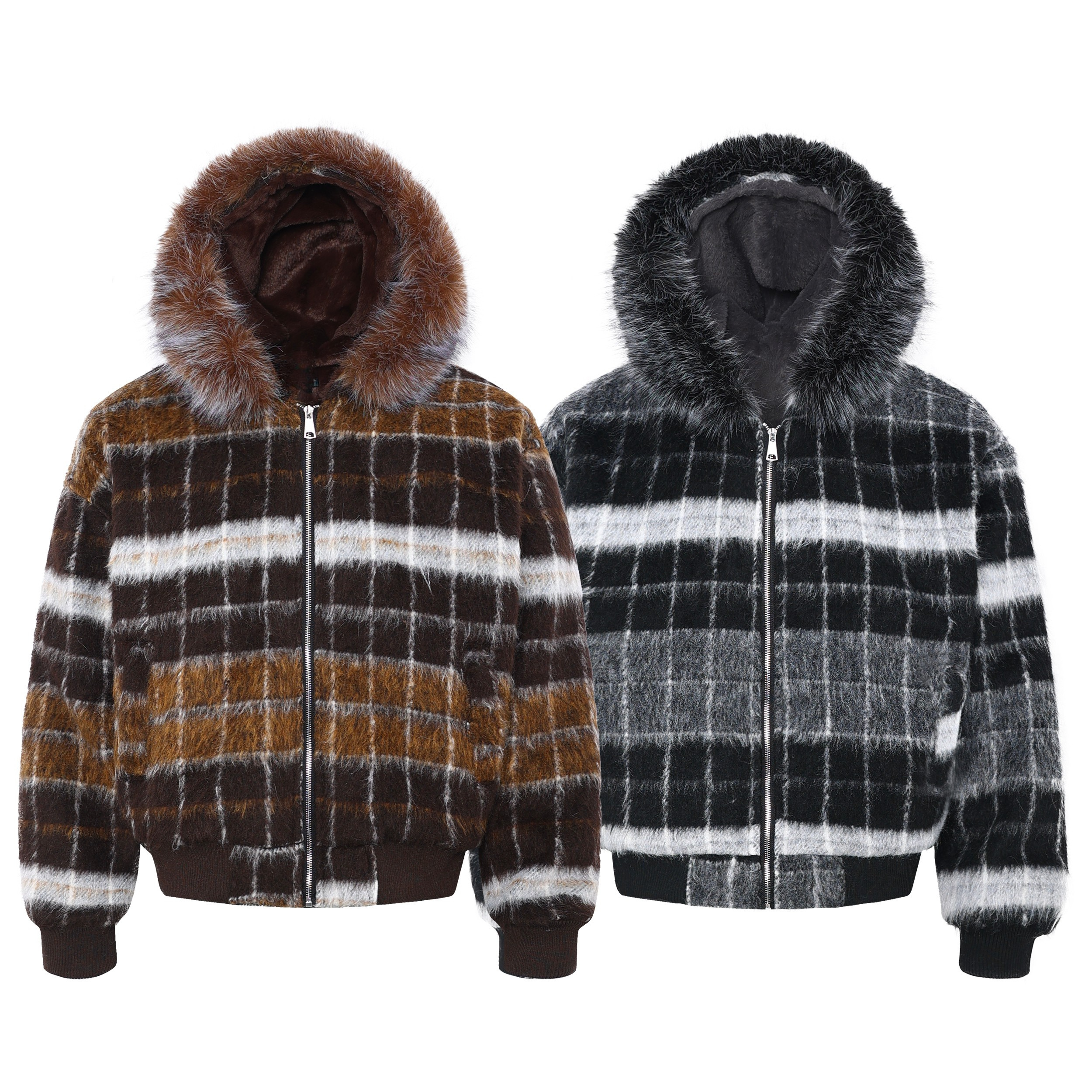 Brown and caramel plaid bomber jacket with oversized plush fur-trim hood and full front zip closure
