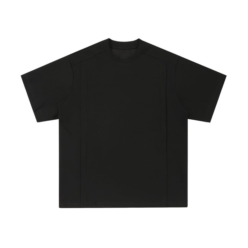 Black oversized structured tee with wide sleeves and minimal seam detailing on a clean white background