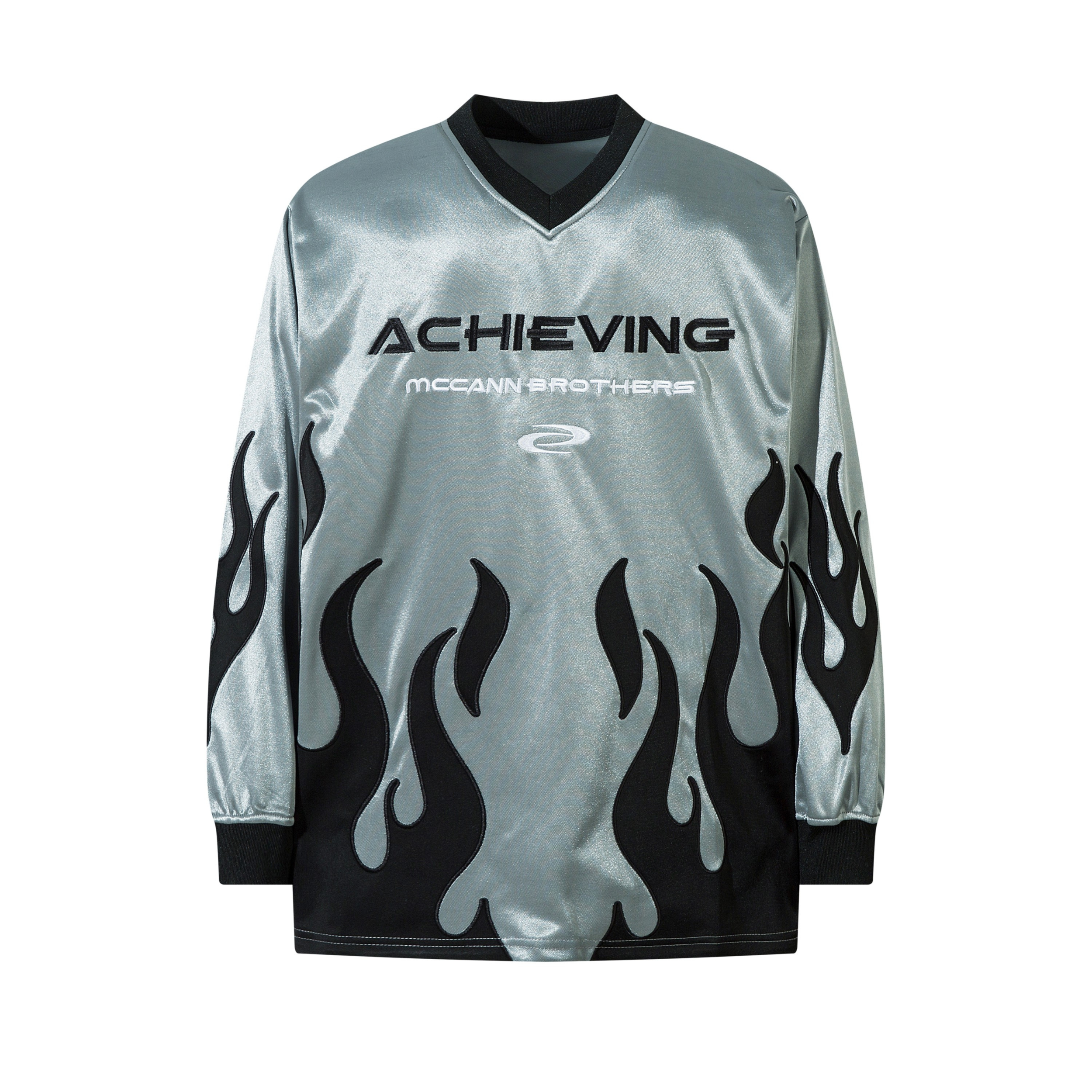 Silver long sleeve V-neck jersey with black flame graphic print and Achieving McCann Brothers embroidered branding