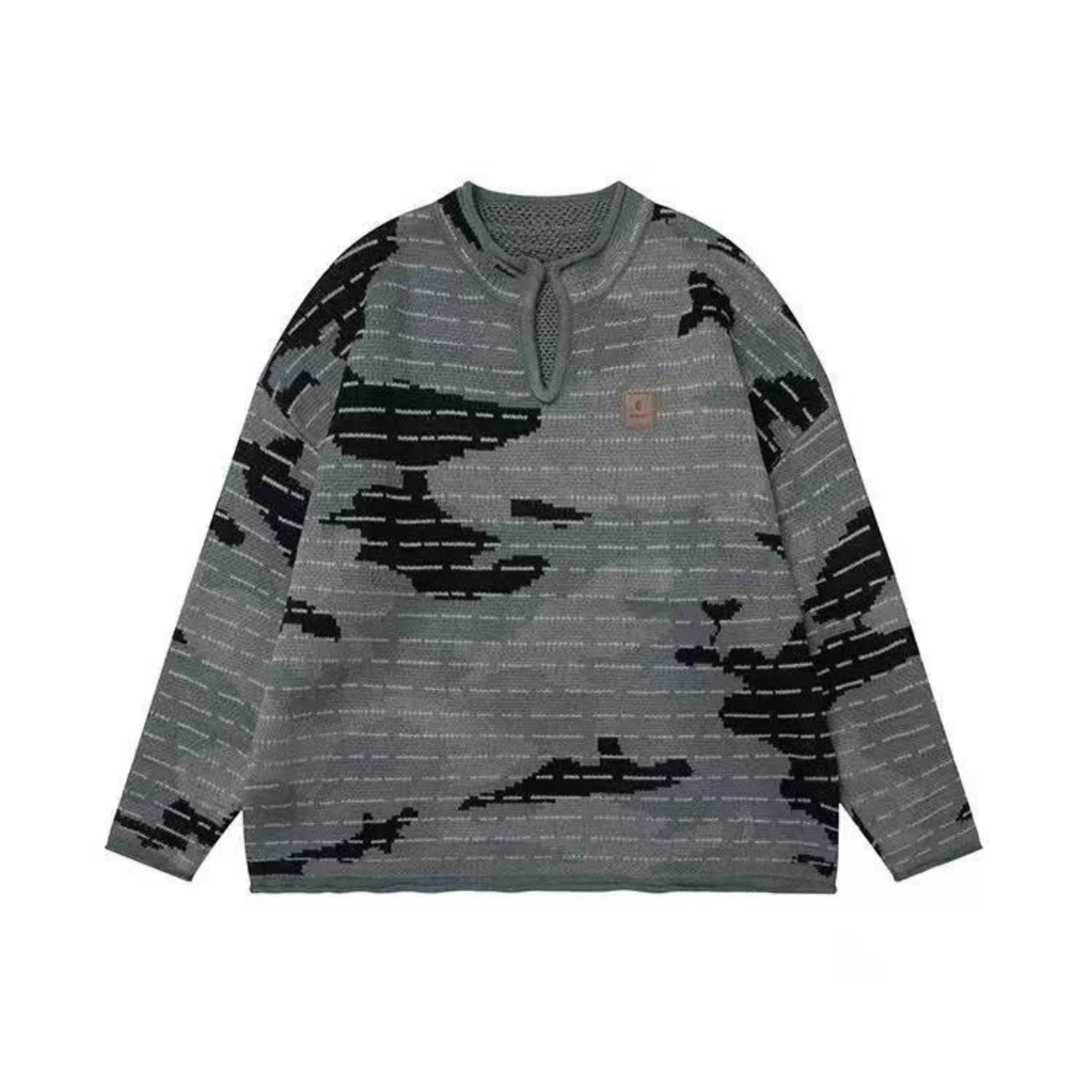 Grey and black all-over camo jacquard knit pullover sweater with open-knit mesh neckline and woven chest patch