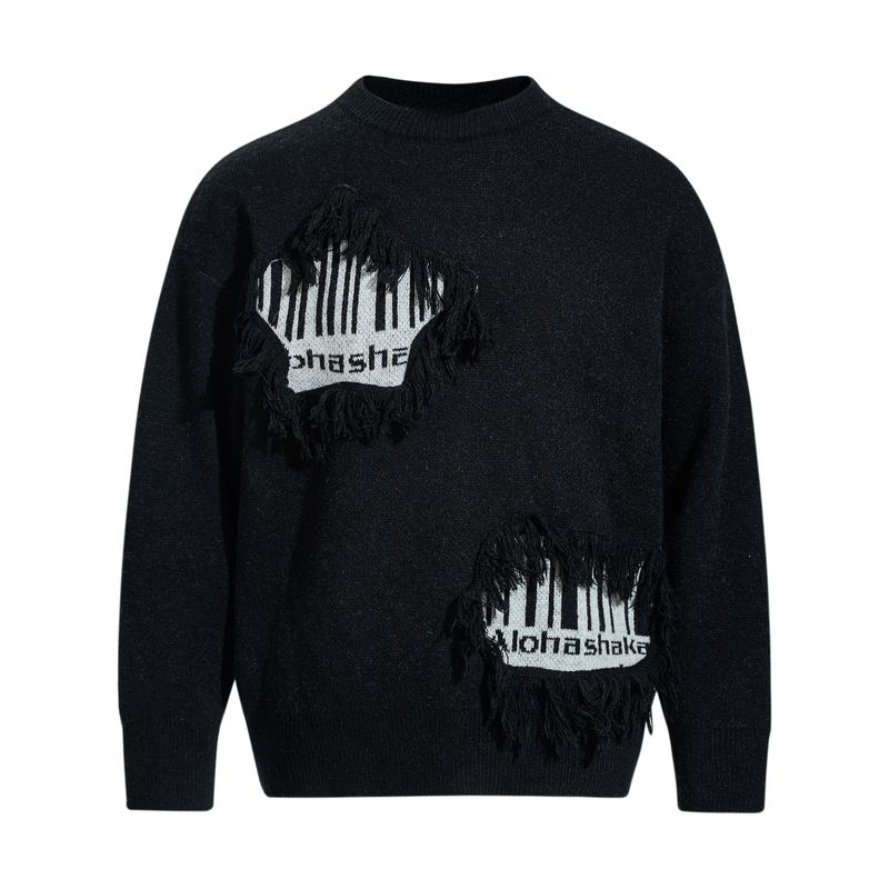 Black knit sweater front view with two fringe patch graphics