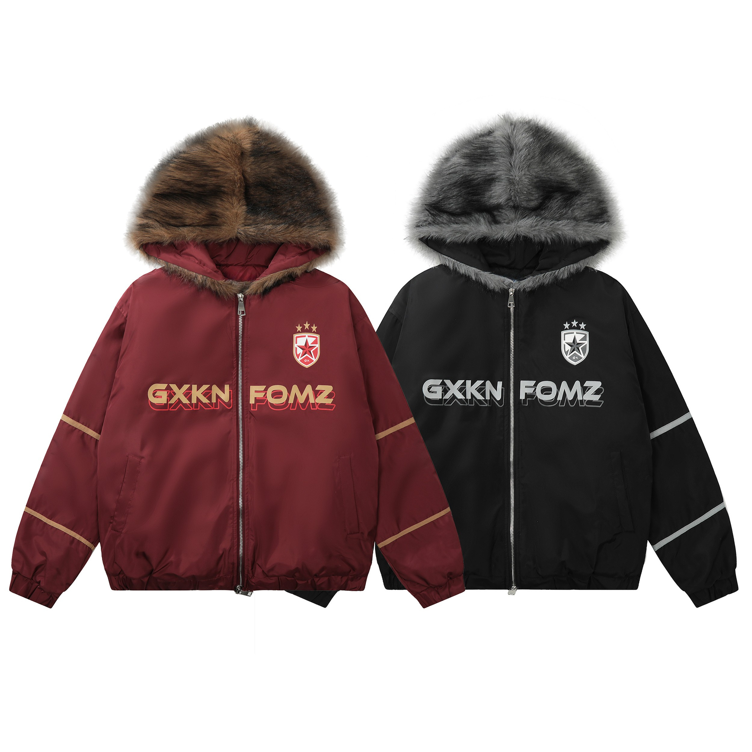 GXKN FOMZ fur-trim hooded puffer jackets in burgundy and black with varsity chest logo and faux fur hoods