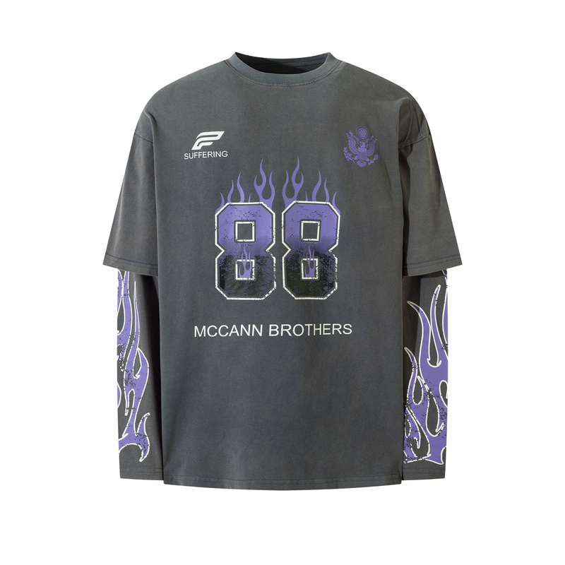Front view of a charcoal long sleeve tee with purple flaming 88 graphic and McCann Brothers text