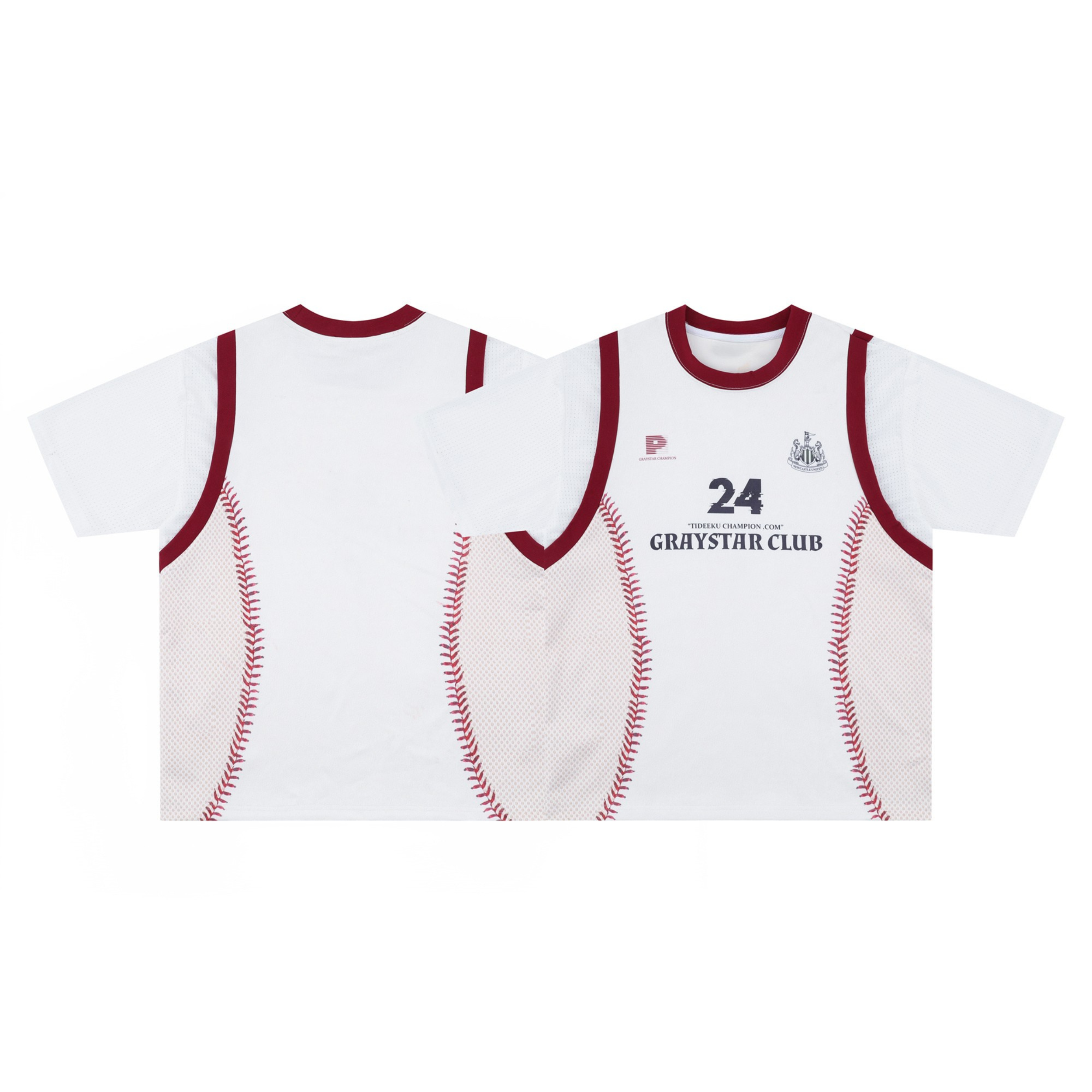 White oversized baseball stitch mesh tee with red seam graphics, number 24 chest print, and dark-red ribbed trim, front and b