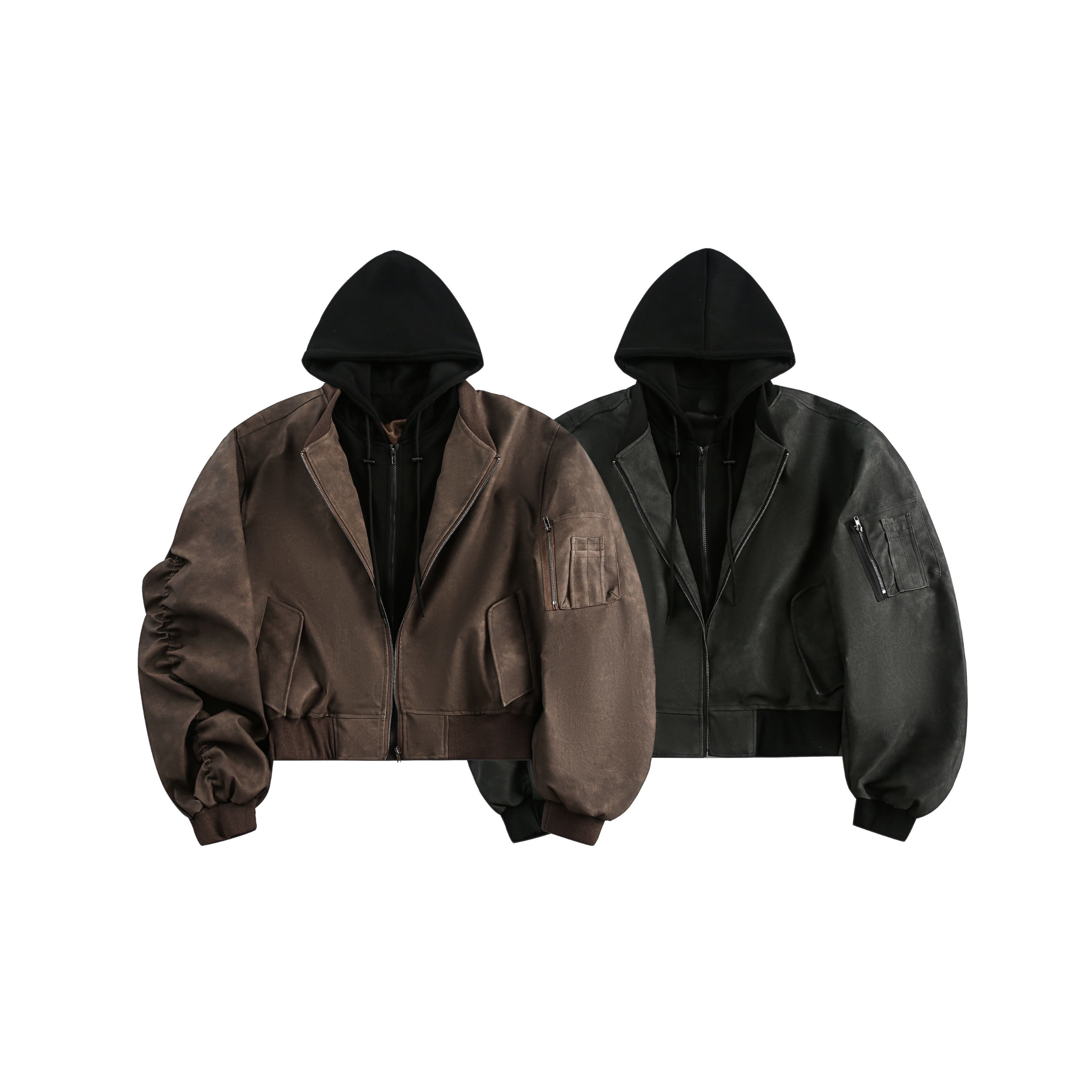 Brown and black cropped hooded bomber jackets with built-in black hood, balloon sleeves, and utility sleeve pocket on white b