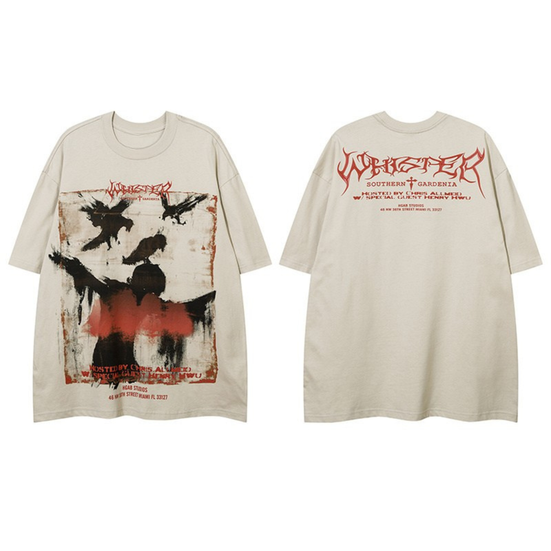 Oversized beige tee with distressed raven graphic and red gothic text on the back, streetwear style front and rear views