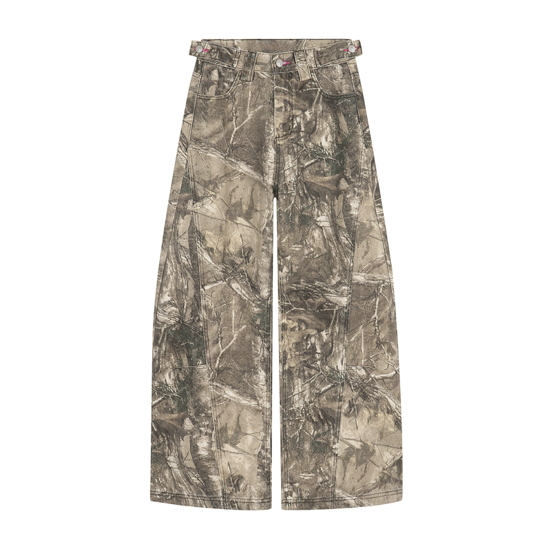 Forest camo wide-leg pants front view with buckle tabs and pink button details