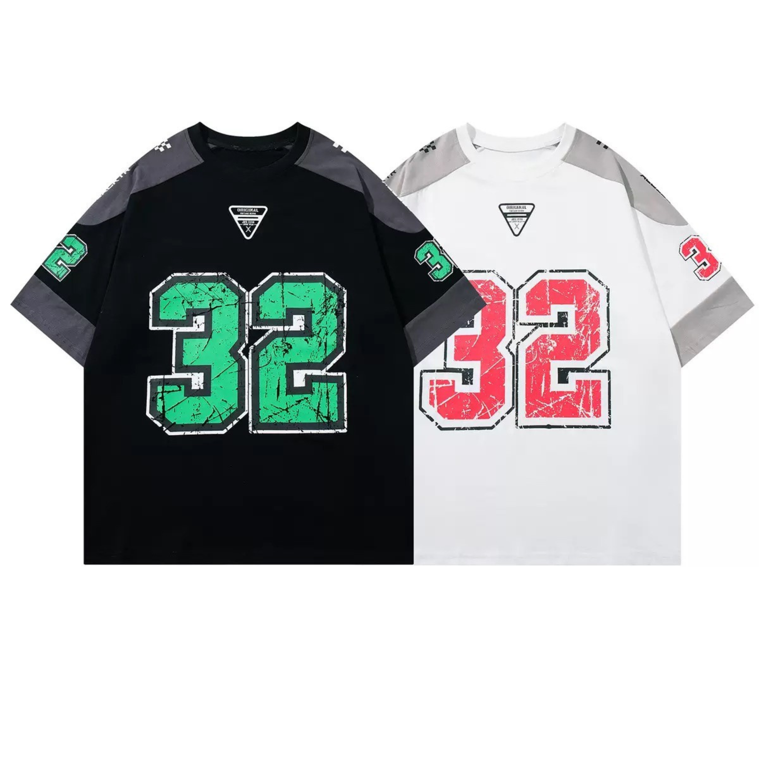 Black and white varsity t-shirts with distressed number 32 graphic and grey contrast shoulder panels laid flat