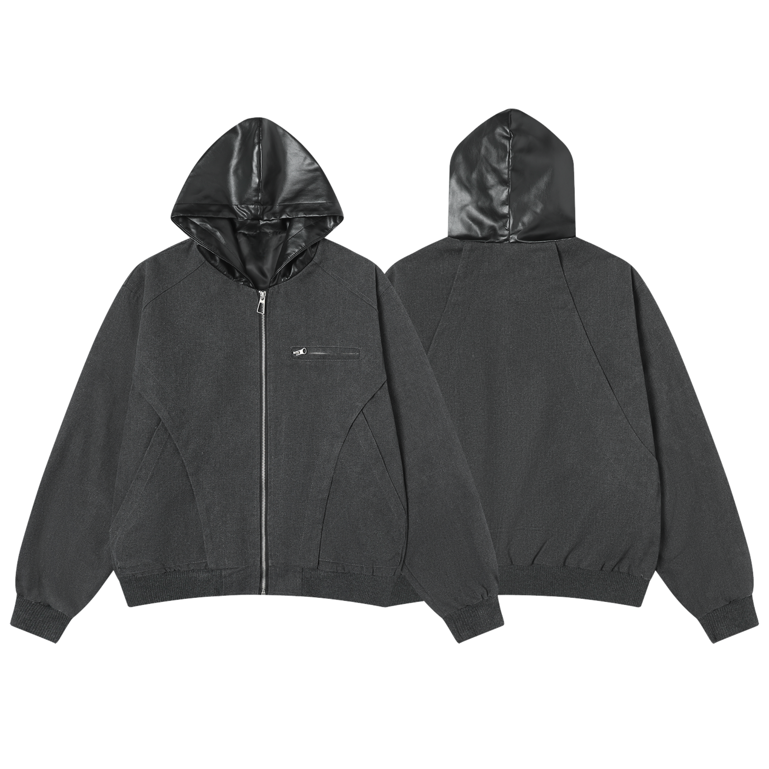 Dark charcoal hybrid vegan leather hooded zip jacket shown from front and back on white background