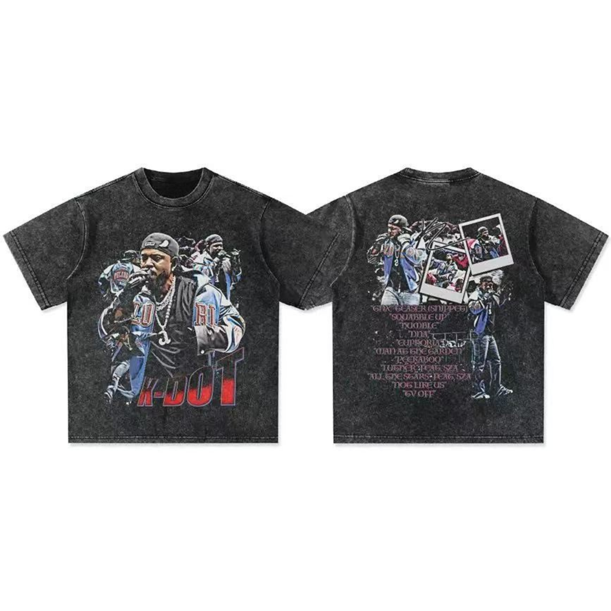 Front and back of a washed black oversized graphic tee featuring K-Dot performance print and setlist collage