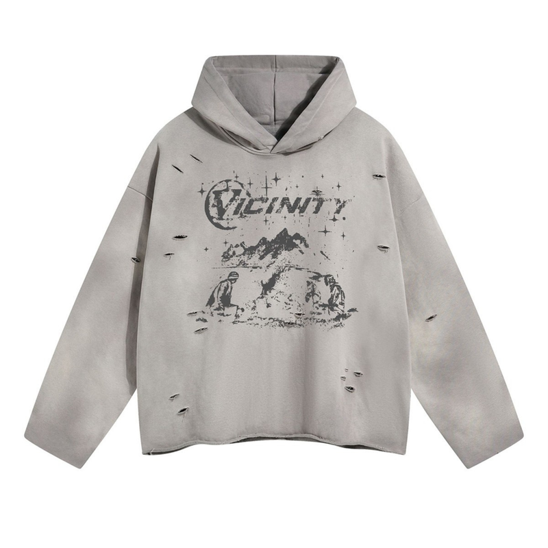 Light gray distressed hoodie with black Vicinity mountain graphic, front view
