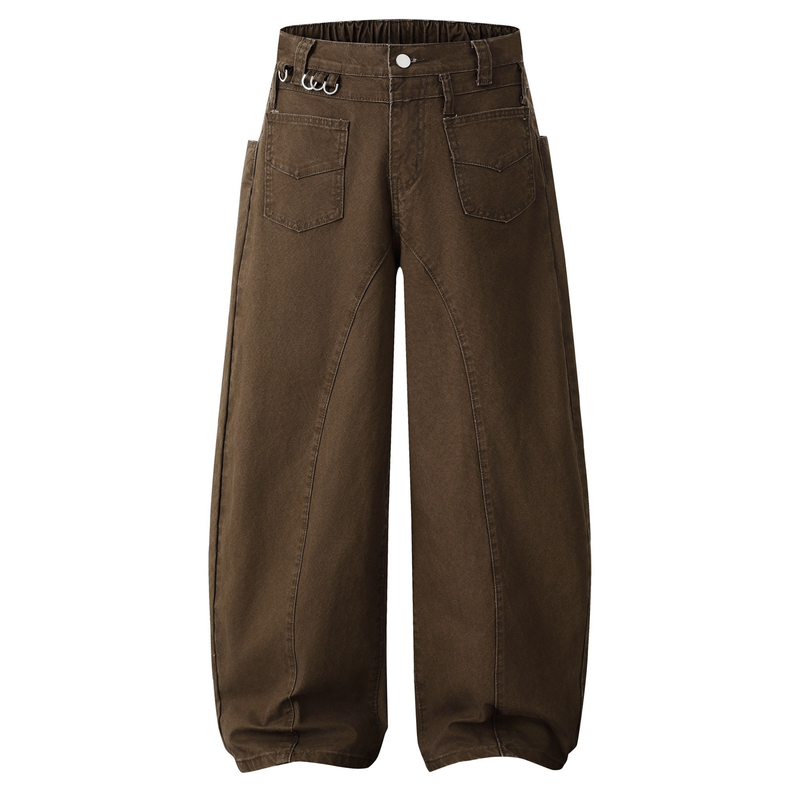 Wide-Leg Cotton Pants with Metal Ring Waist Detail