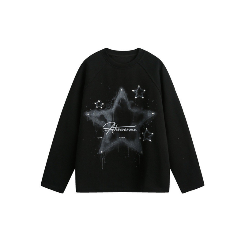 Black long sleeve tee with star graphic and script print on the front