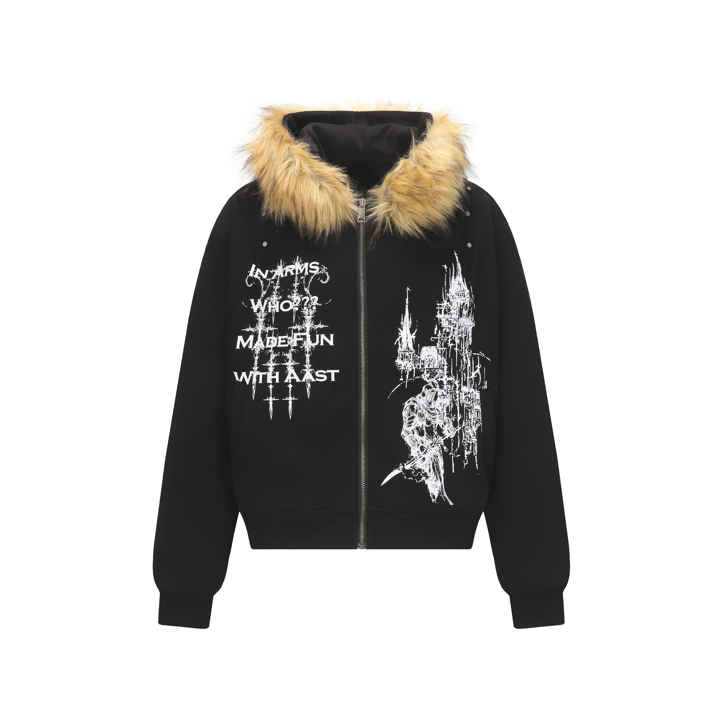 Gothic Faux Fur Hood Zip Hoodie | Medieval Knight Graphic