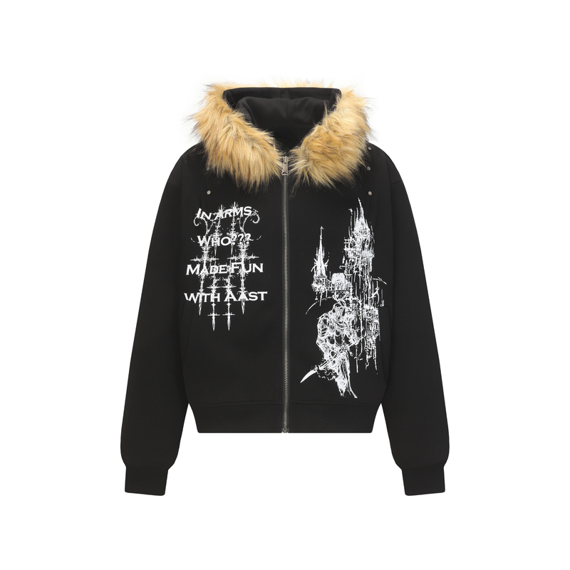 Black zip hoodie with tan faux fur hood trim and white medieval graphic prints on the front