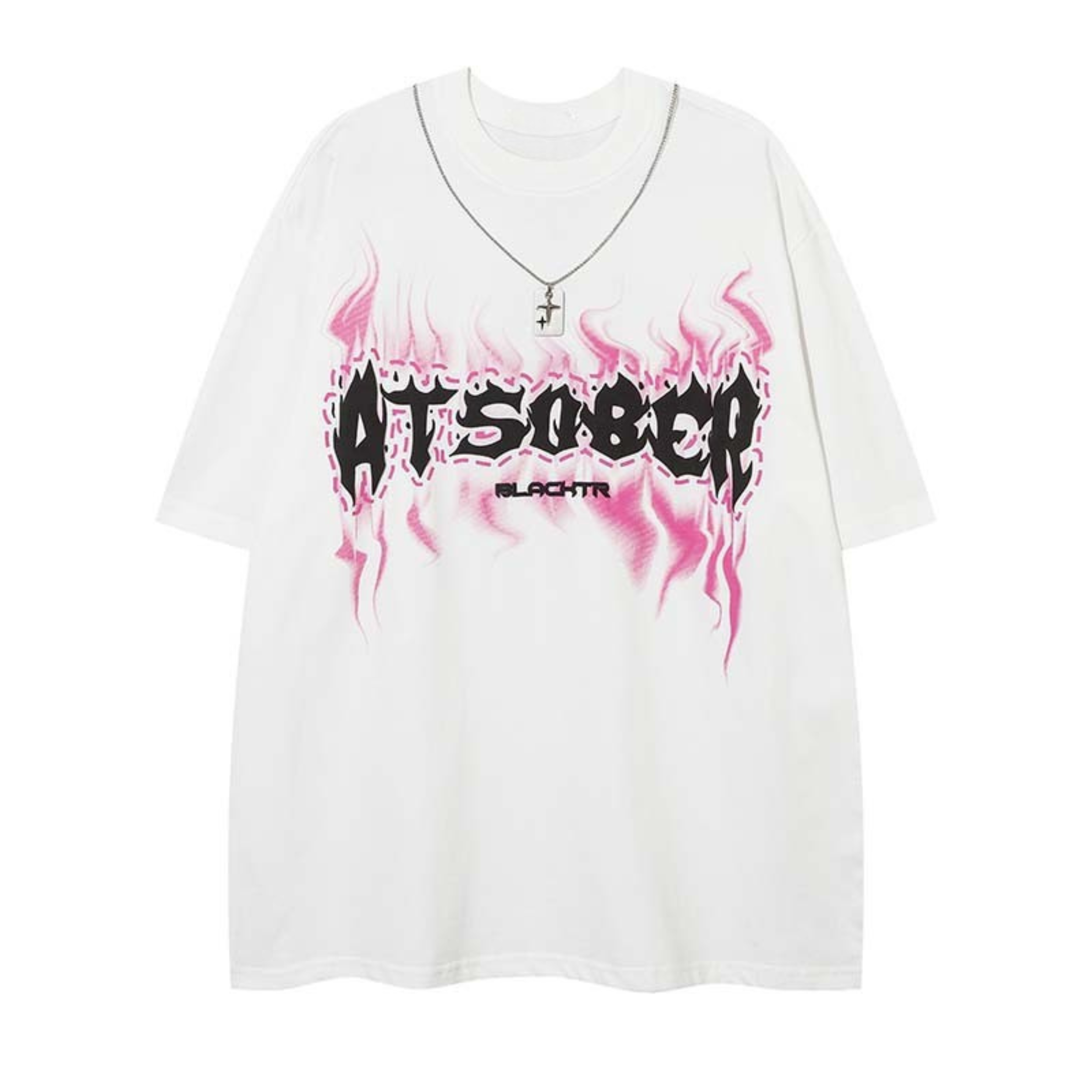 White oversized ATSOBER graphic tee with pink flame print and bold black gothic lettering on the front