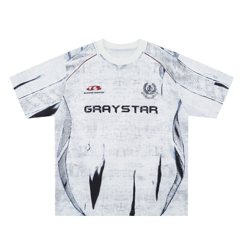 Graystar distressed white mesh jersey tee with black print, red accents, and oversized soccer-inspired streetwear fit