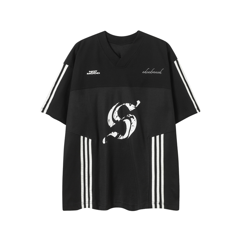 Black oversized V-neck street tee with white sleeve stripes and bold graphic print on the front