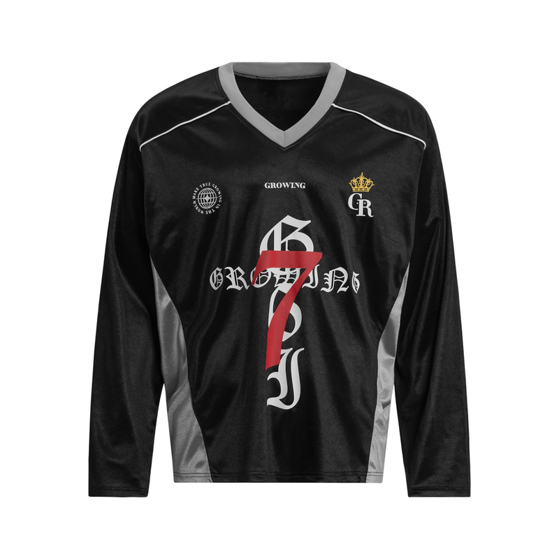Black long sleeve jersey with gray V-neck trim and gothic front graphics
