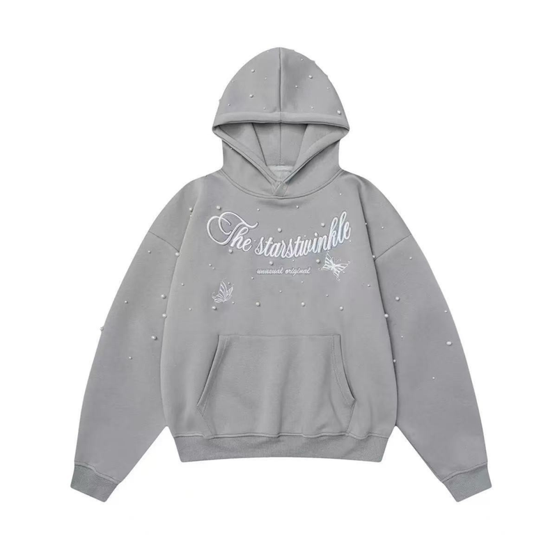 Gray pullover hoodie with pearl embellishments and script chest lettering, front view