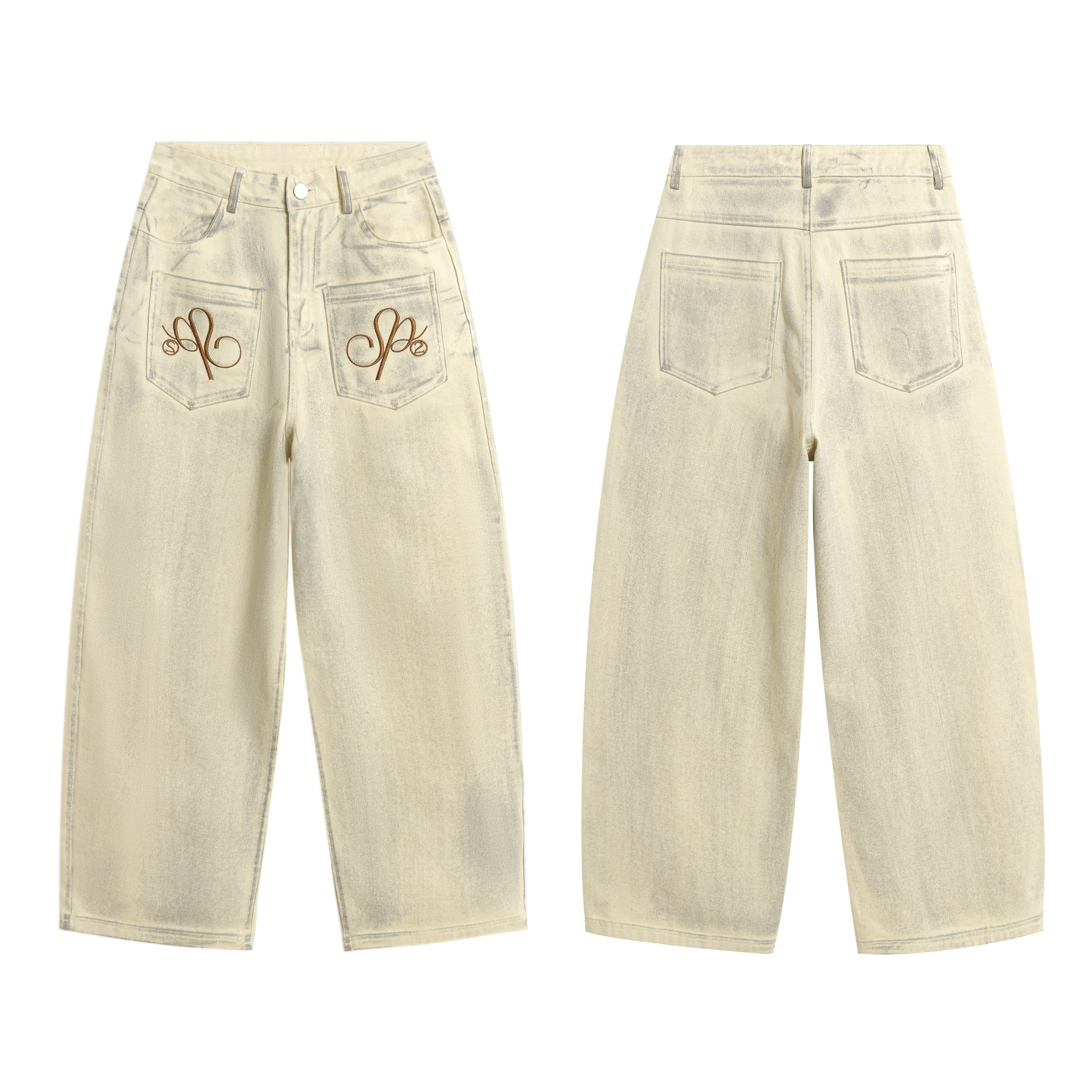 Front and back view of cream light-wash wide-leg denim pants with brown script embroidery on front patch pockets