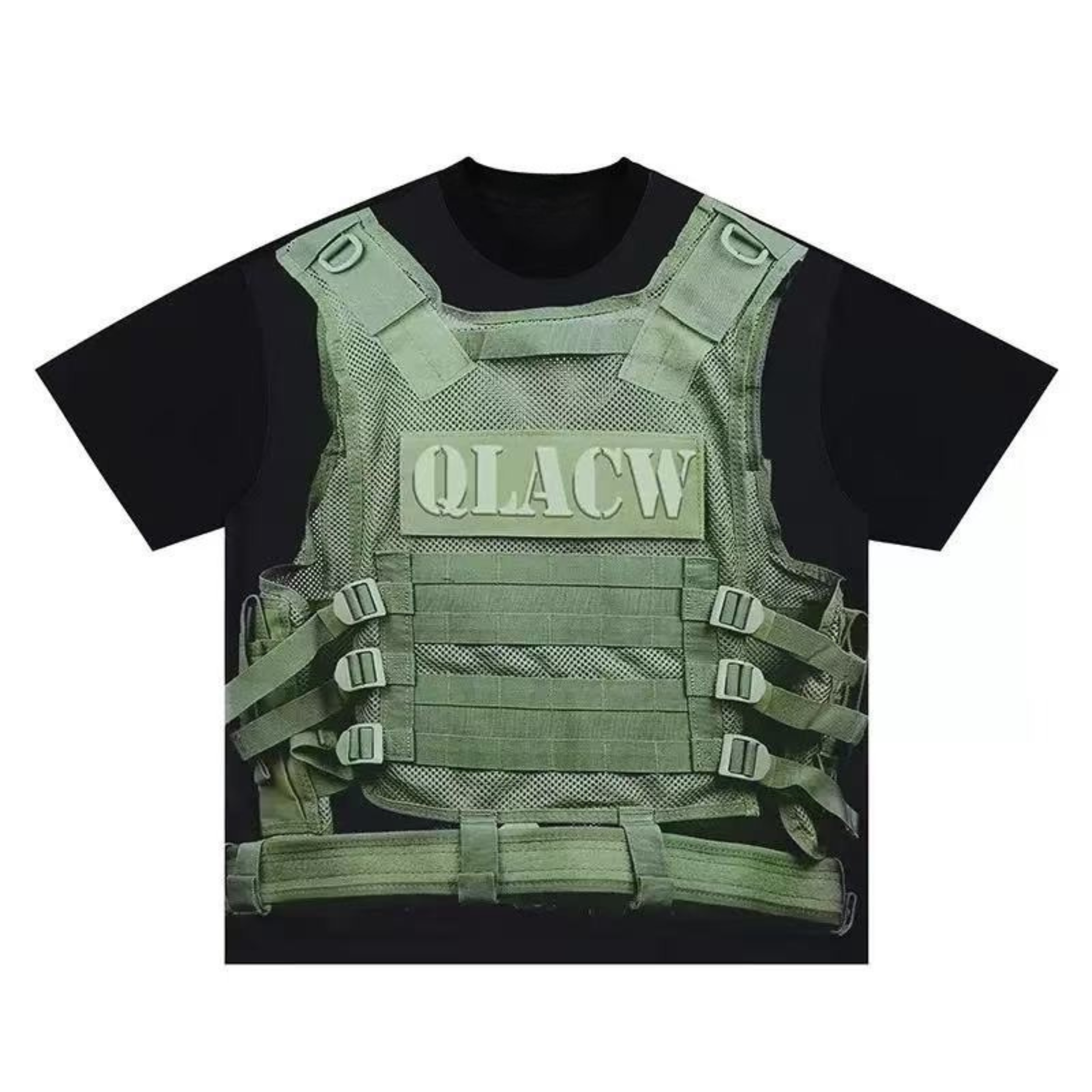 Black oversized T-shirt with a photorealistic olive green tactical plate carrier vest illusion graphic print