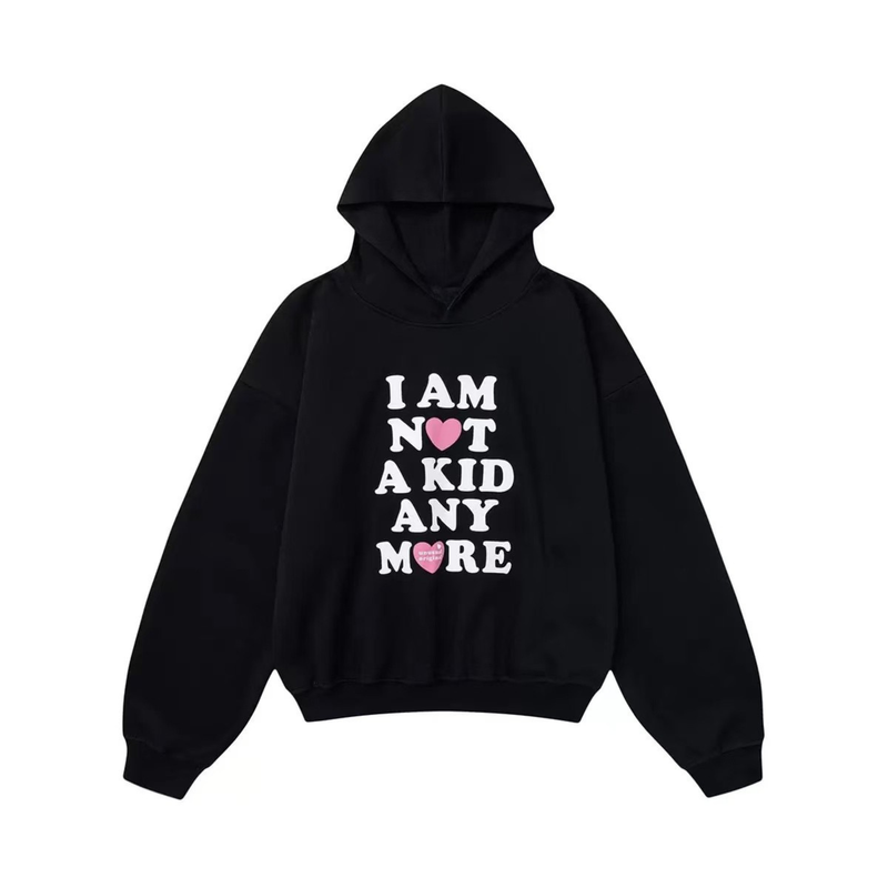 Black pullover hoodie with hood up and stacked white and pink front text graphic