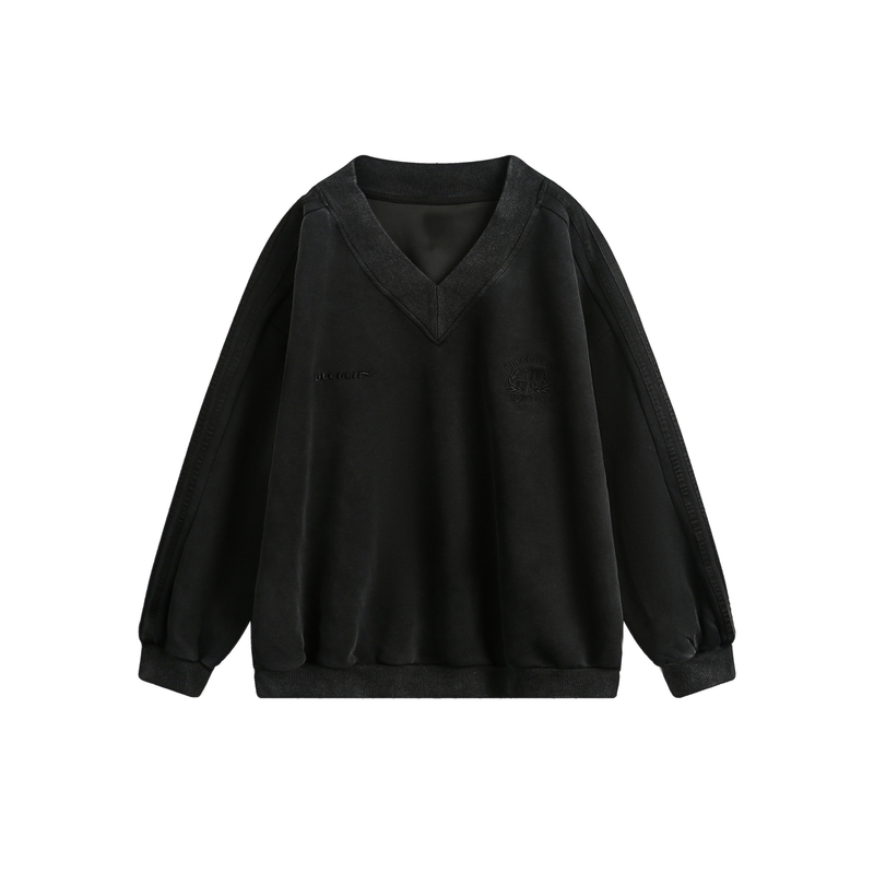 Front view of black V-neck pullover sweatshirt with embossed chest logo and striped sleeves
