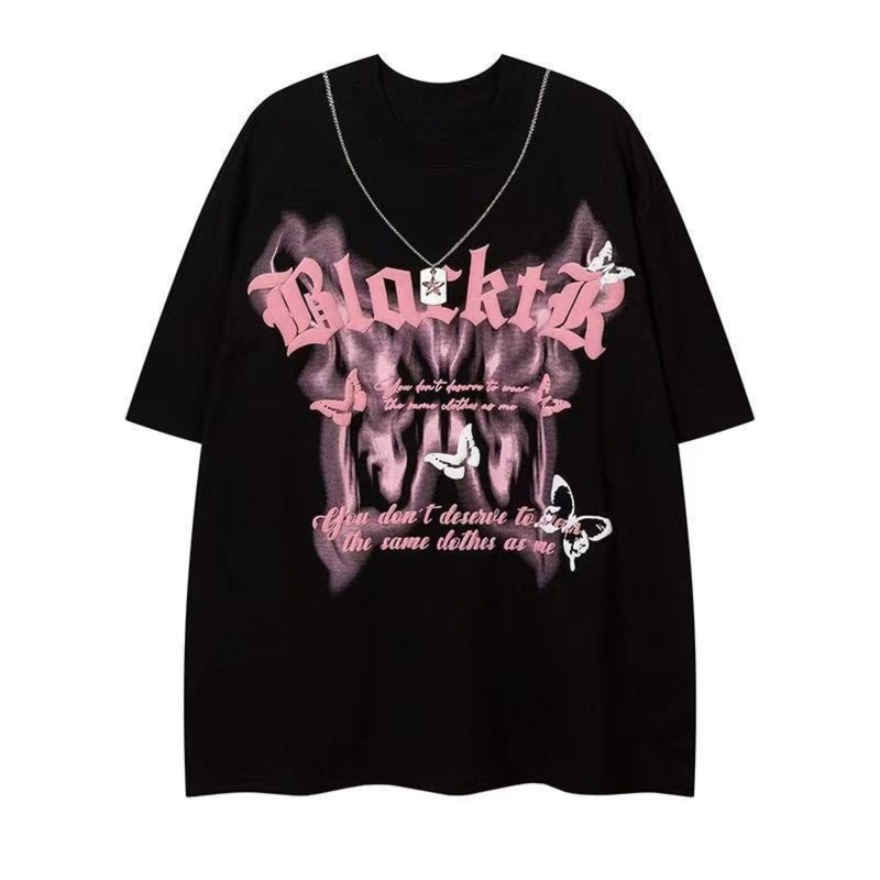 Black oversized graphic tee with pink gothic lettering, butterfly accents, and a chain necklace print on the chest