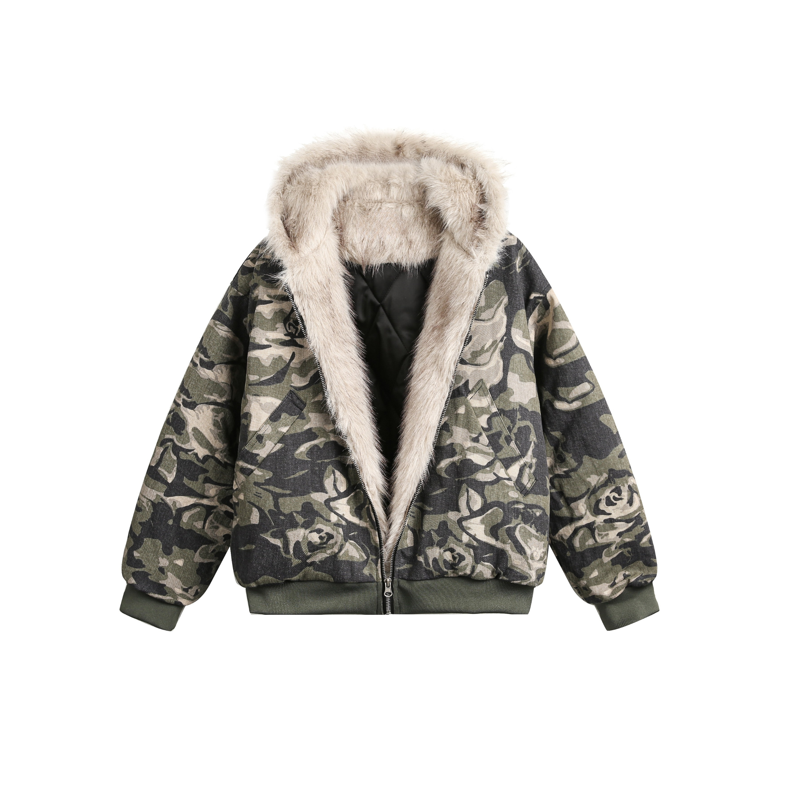 Open camo print hooded bomber jacket with plush faux fur lining on hood and ribbed cuffs, laid flat on white background