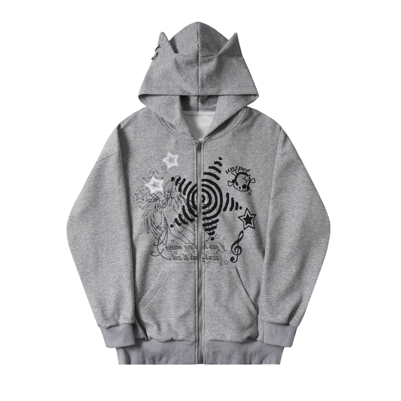 Gray zip-up hoodie with cat ear hood and black graphic print on the front