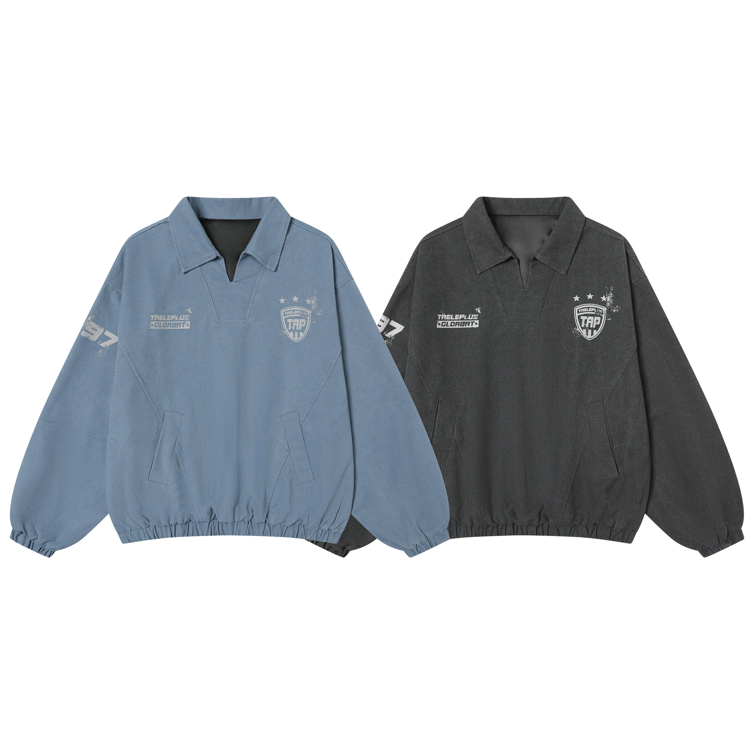 Omirad vintage collar pullover sweatshirt in steel blue and washed charcoal with distressed varsity chest graphic