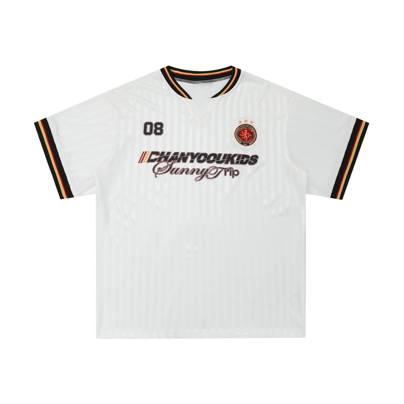 White mesh soccer jersey tee with black trim, red and gold striped sleeves, and Sunny Trip graphic on chest