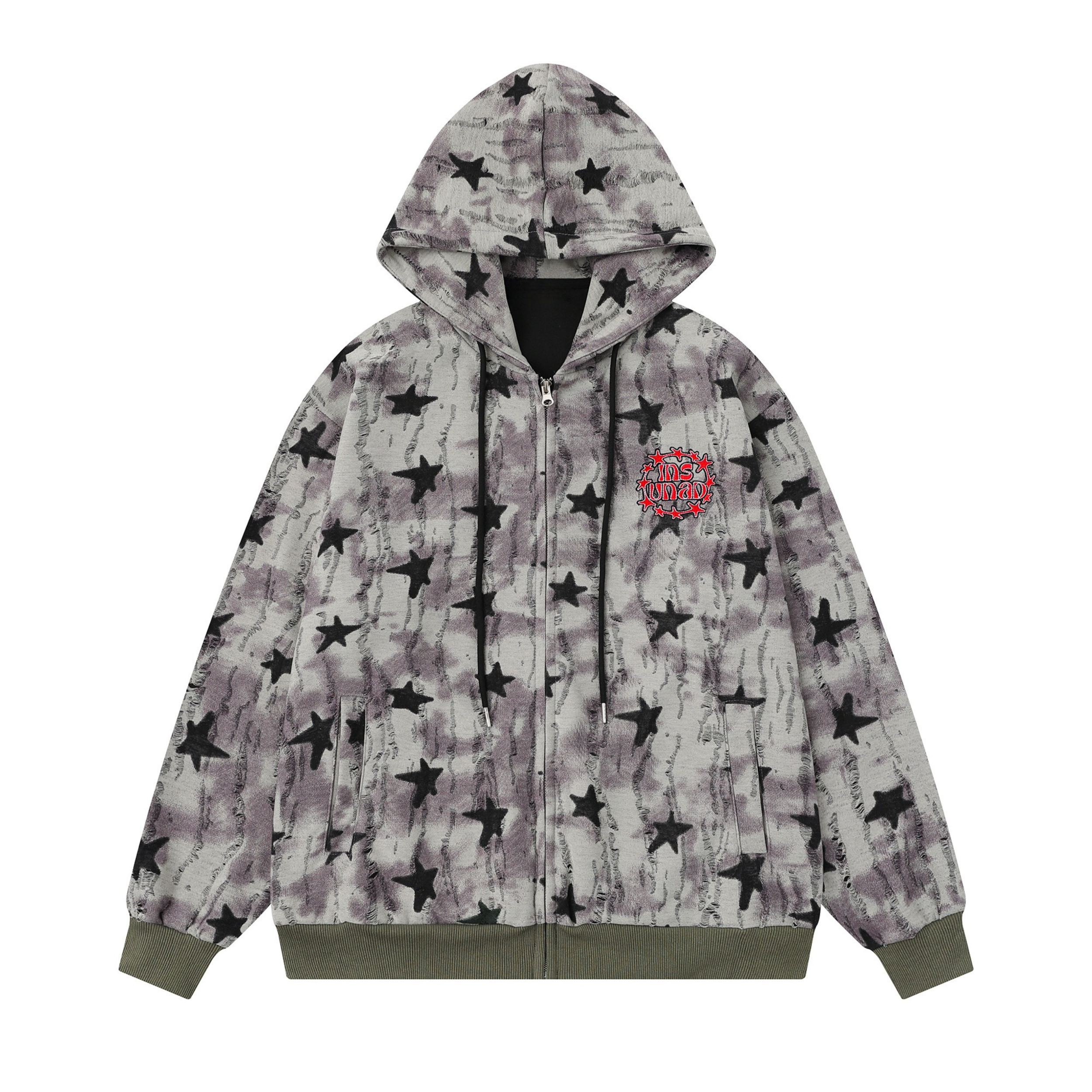 Omirad All-Over Star Print Washed Zip Hoodie | Streetwear