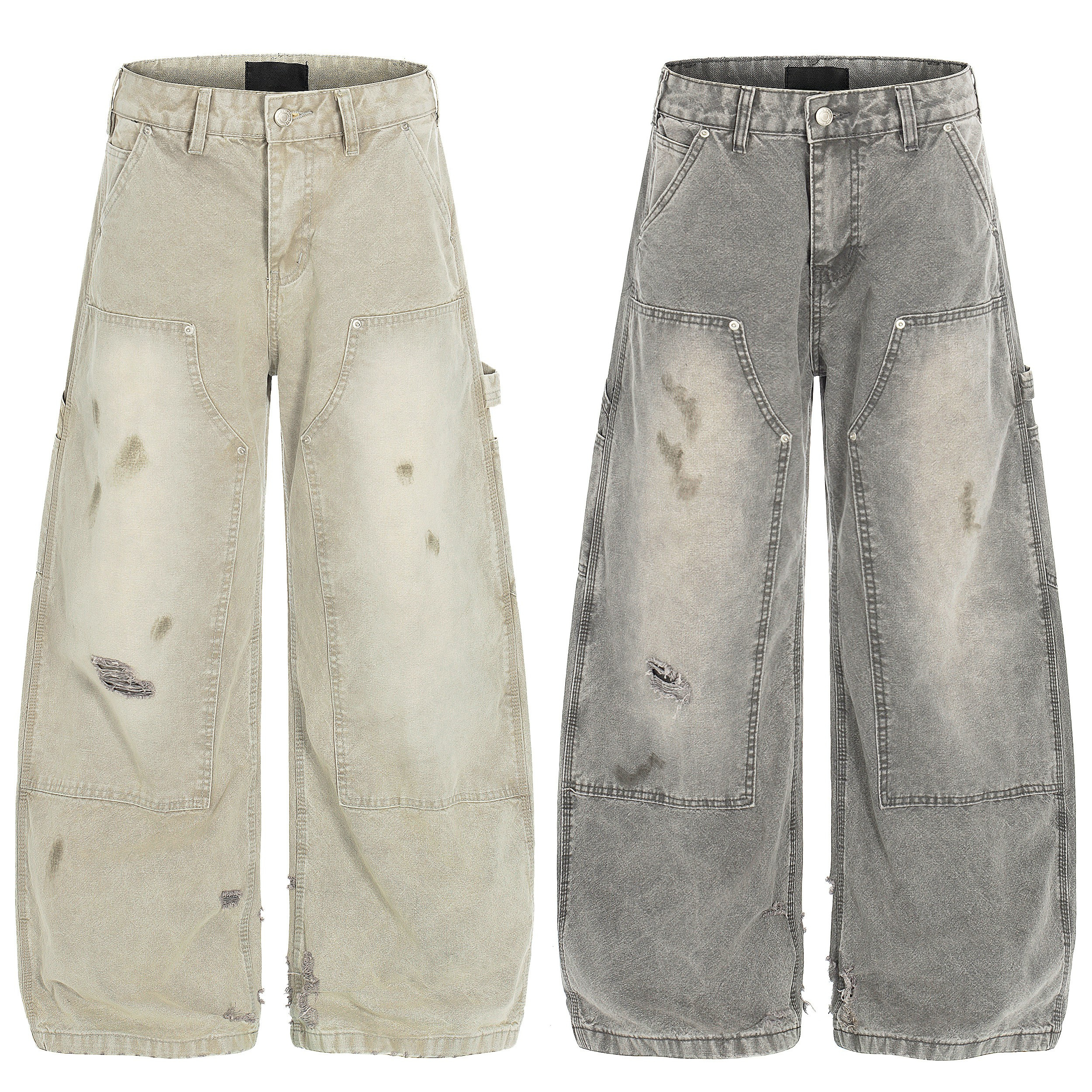 Front view of wide-leg distressed carpenter jeans in sandy ecru washed denim with utility panels and ripped detailing